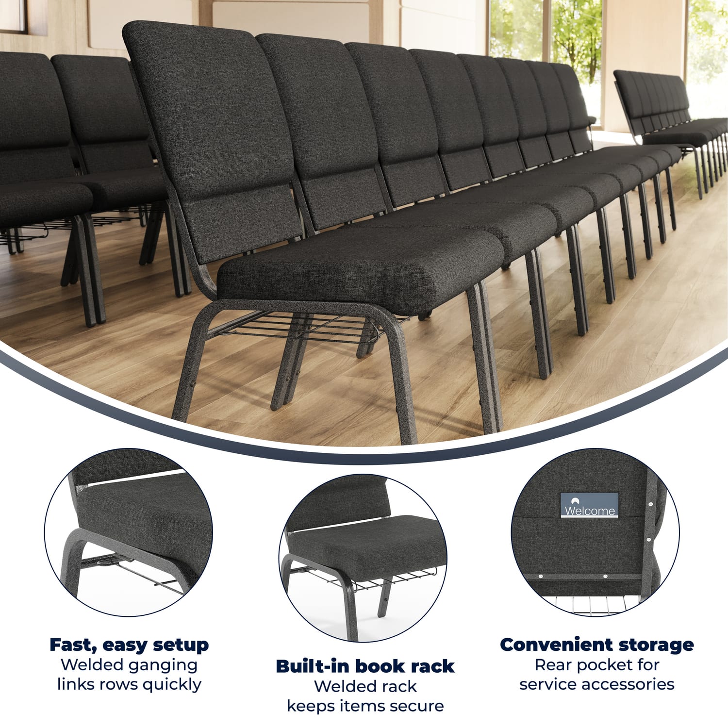 Flash Furniture HERCULES Church Chair With Book Rack, Dark Gray/Silver Vein - Image 4