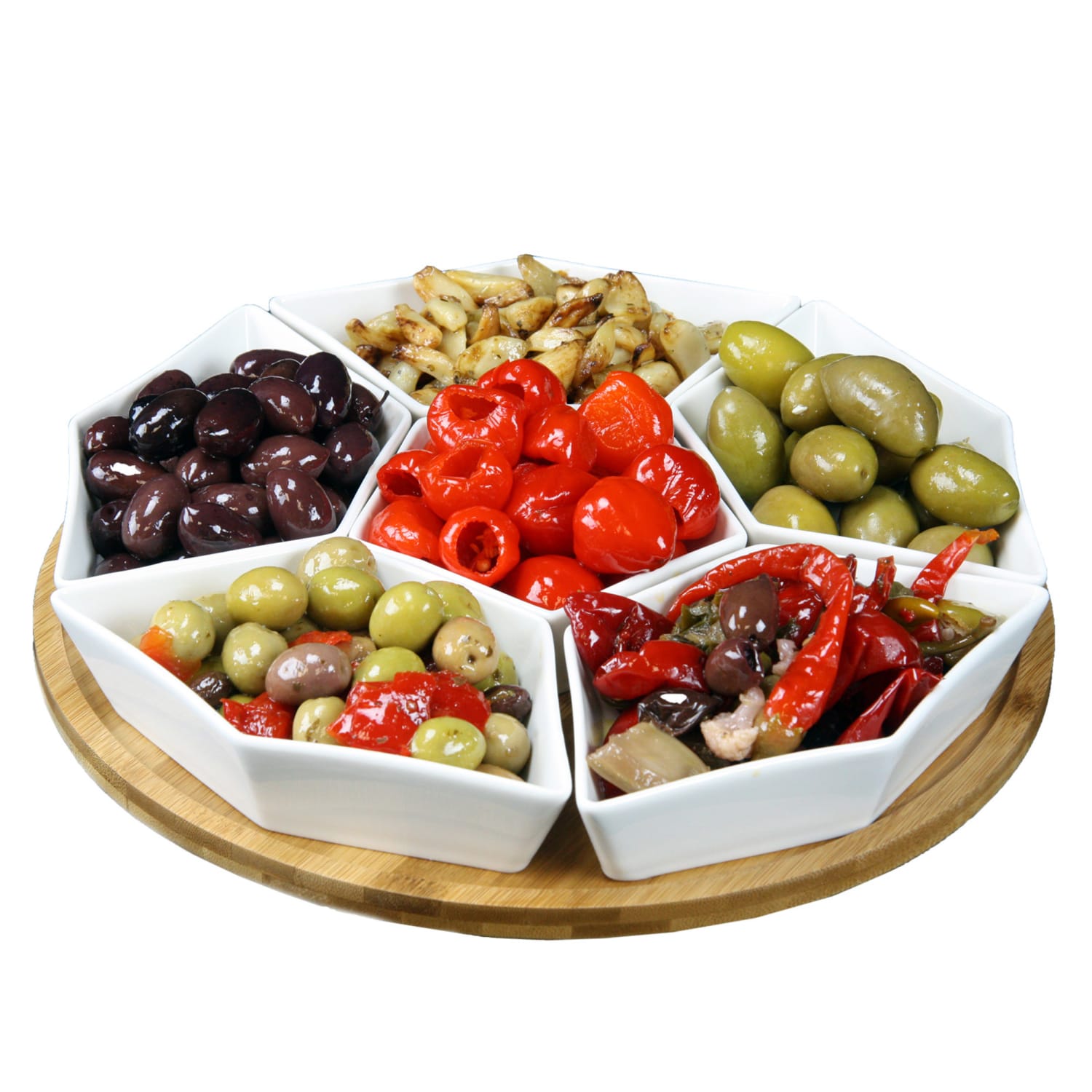 Elama Signature Modern 7-Piece Lazy Susan Server Set, 12in, White/Bamboo - Image 3