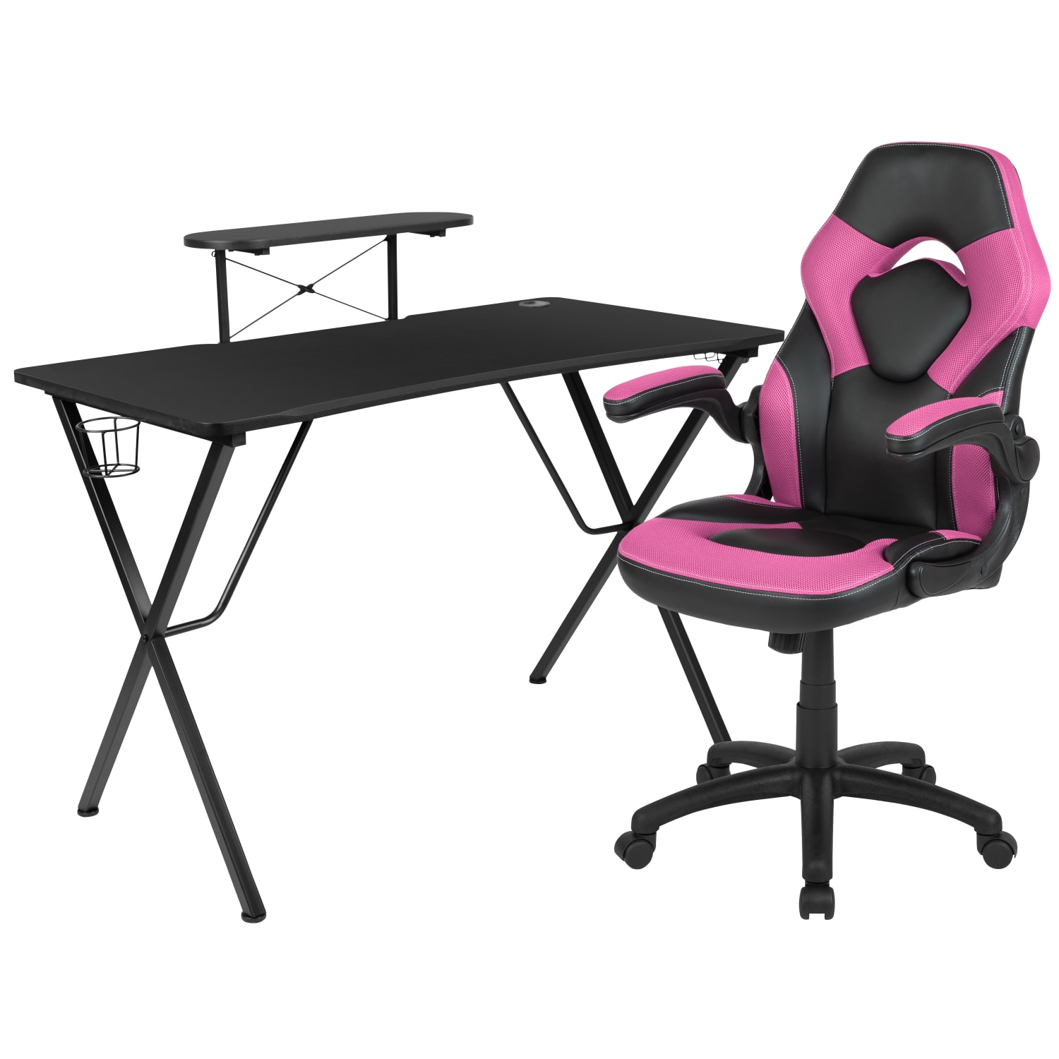 Flash Furniture Gaming Desk And Racing Chair Set With Cup Holder, Headphone Hook and Monitor/Smartphone Stand, Pink - Image 3