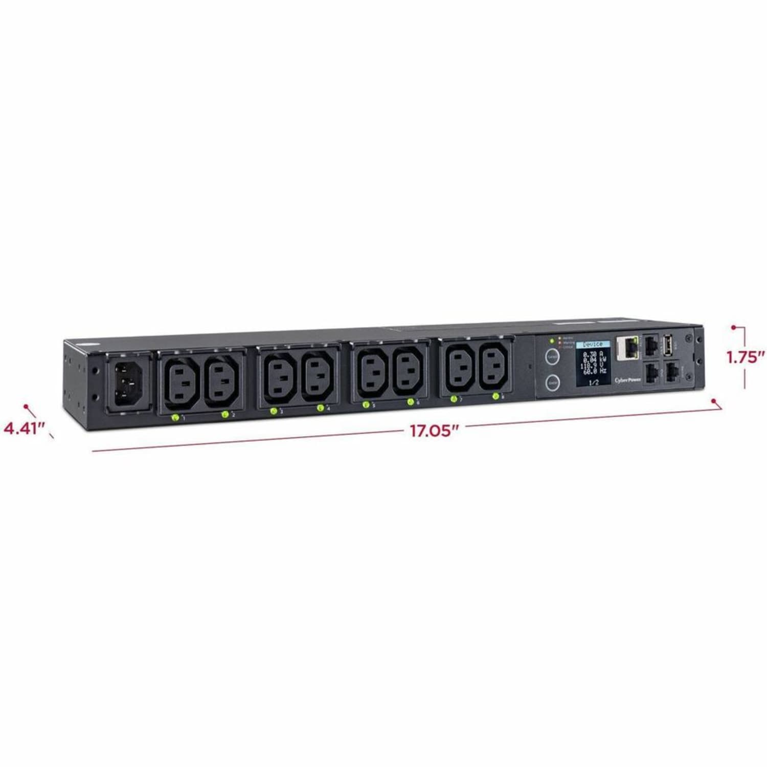 CyberPower PDU41004 Single Phase 100 - 240 VAC 15A Switched PDU - 8 Outlets, 10 ft, IEC-320 C14, Horizontal, 1U, SNMP, LCD, 3YR Warranty - Image 3