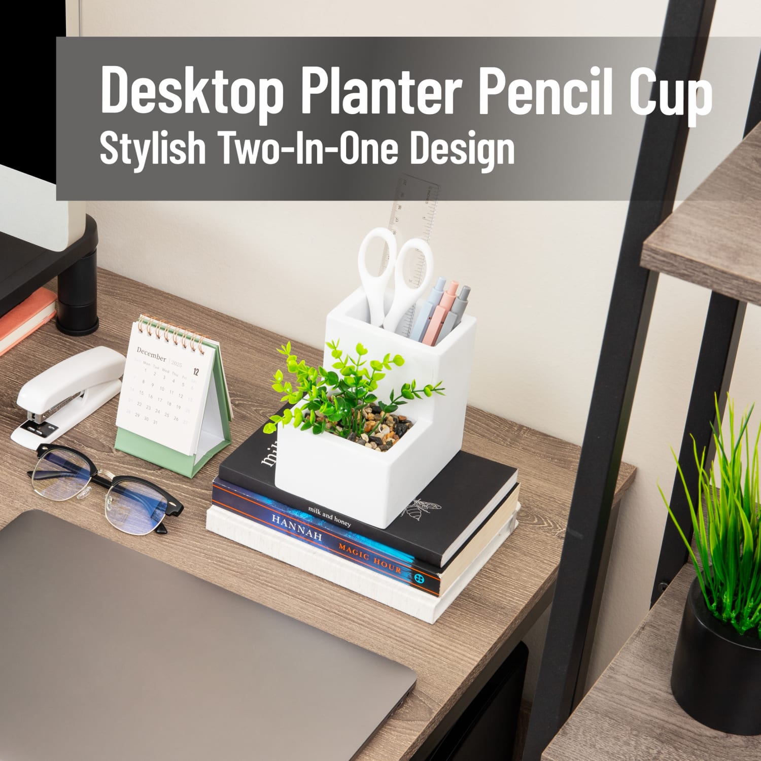 Mind Reader Ceramic Desktop Planter Pencil Cup, 4-3/4inH x 5inW x 3-3/4inD, White, Total Quantity 1 - Image 3