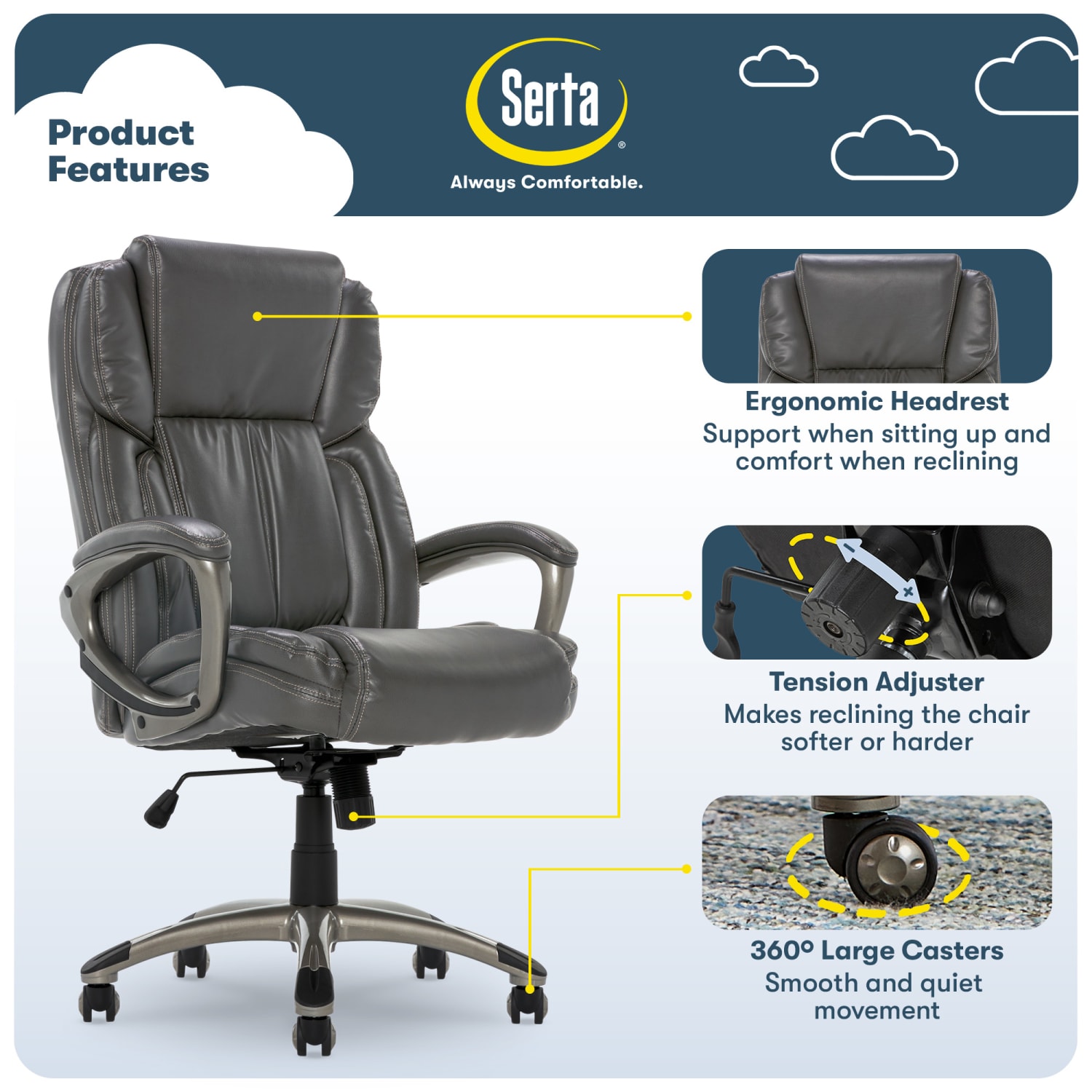 Serta Works Ergonomic Bonded Leather High-Back Office Chair, Harvard Gray/Silver - Image 5