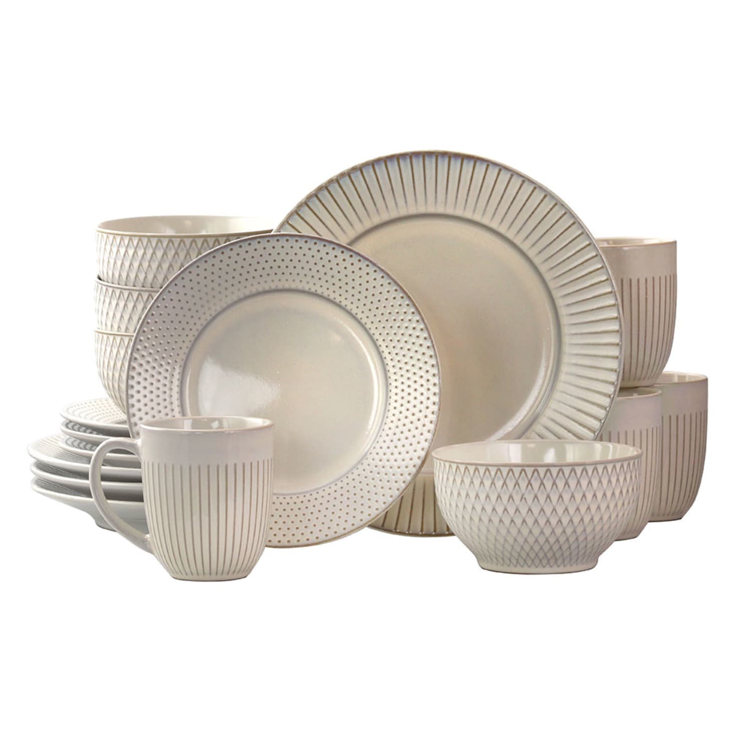 Elama 16-Piece Stoneware Dinnerware Set, Embossed White