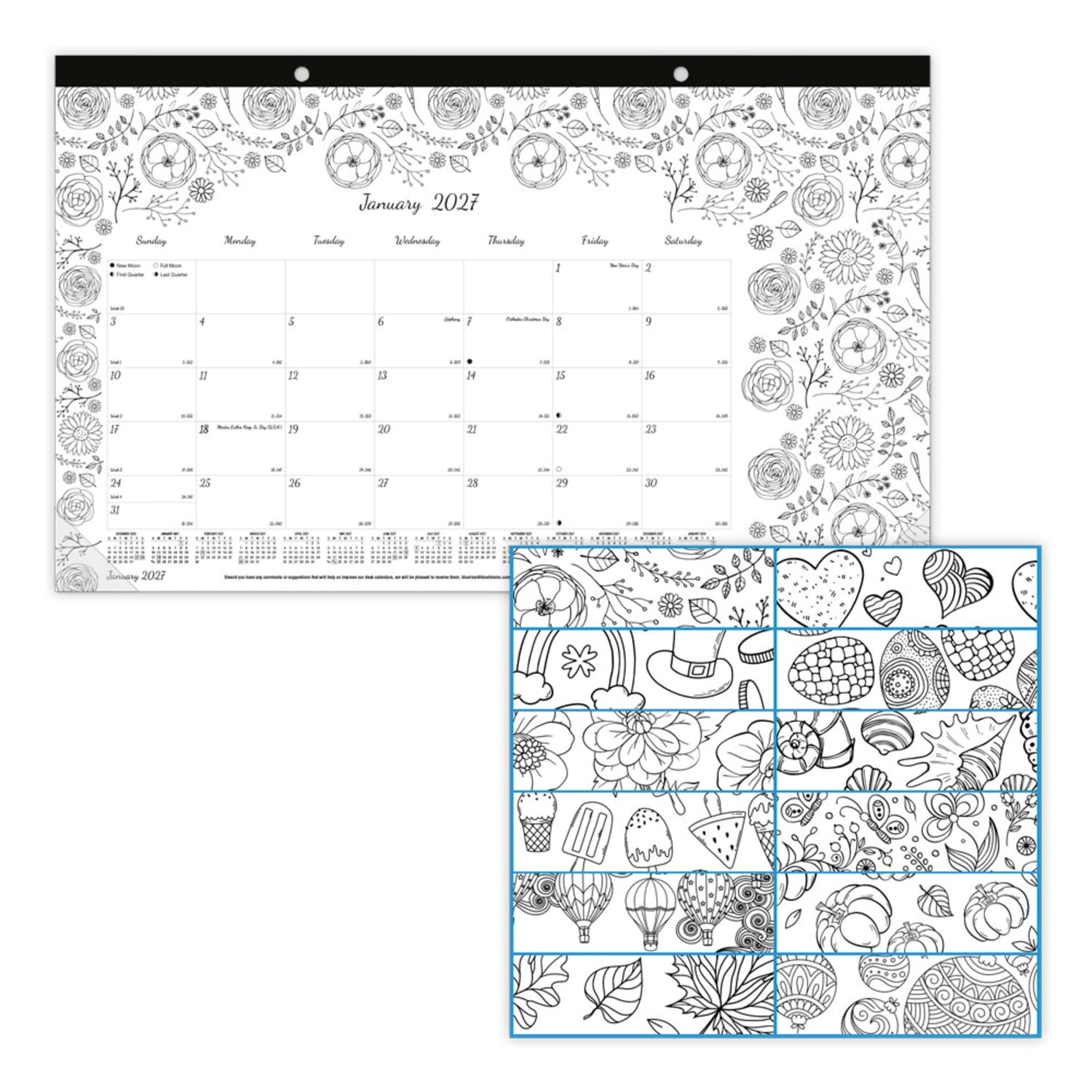 2027 Blueline DoodlePlan Monthly Desk Pad Coloring Calendar, 17-3/4in x 10-7/8in, January To December, C2917001, Total Qty 1