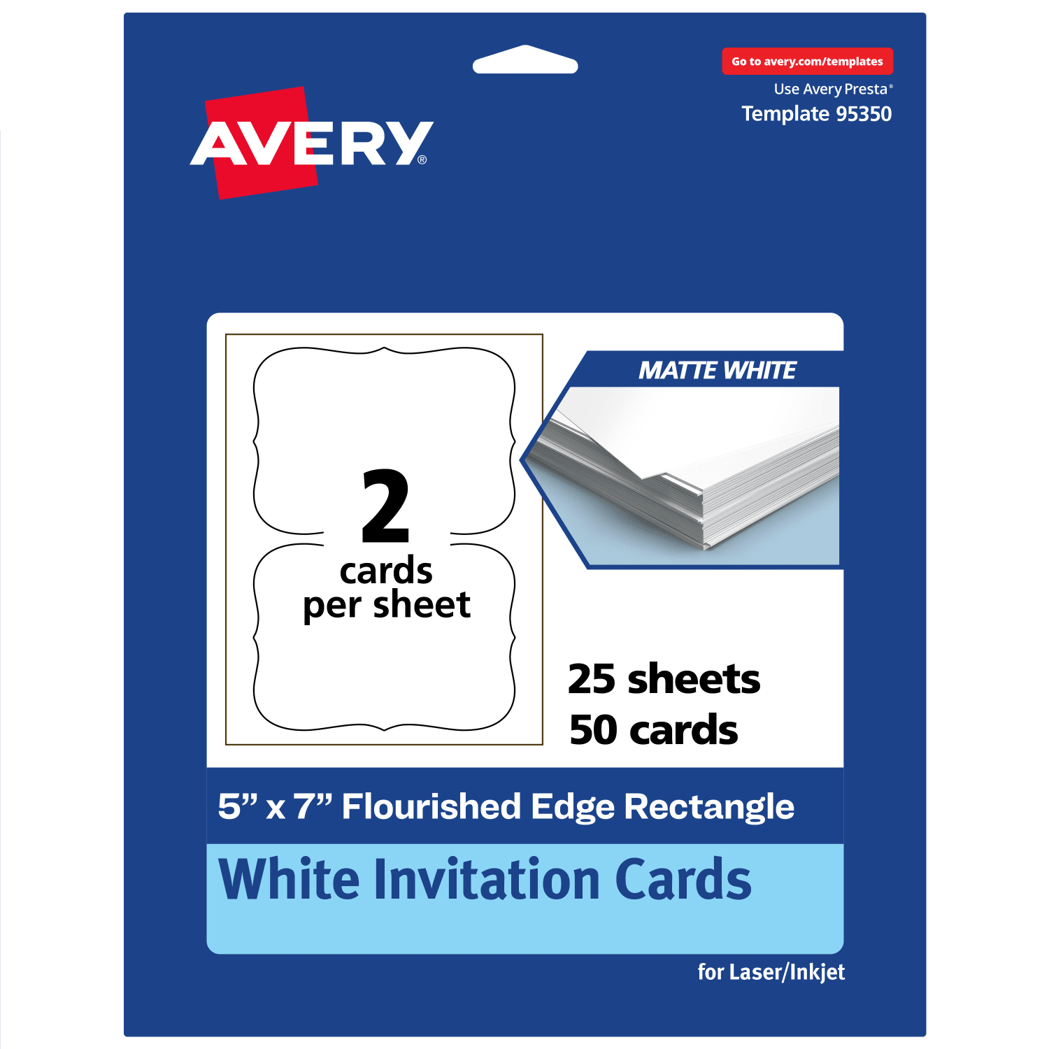 Avery Printable Invitation Cards, 5in x 7in Rectangle Flourished Edge, Matte White, Pack Of 50