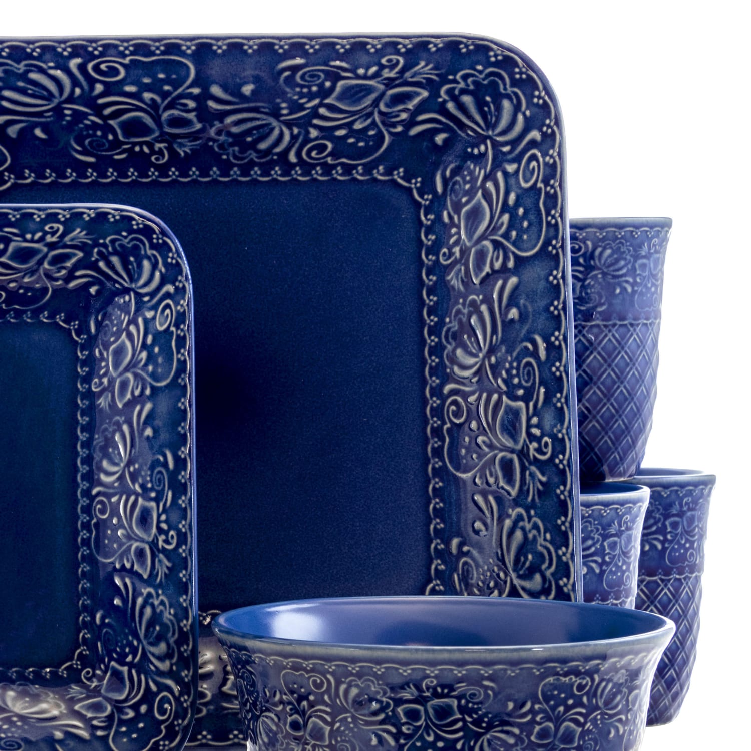 Elama 16-Piece Stoneware Dinnerware Set, Indigo Lotus - Image 6