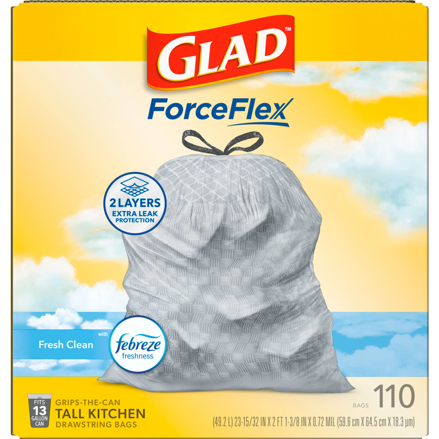 Glad ForceFlex Tall Kitchen Drawstring Trash Bags, 13 Gallon, Gain Fresh Clean, 110 Count (78554) - Image 4
