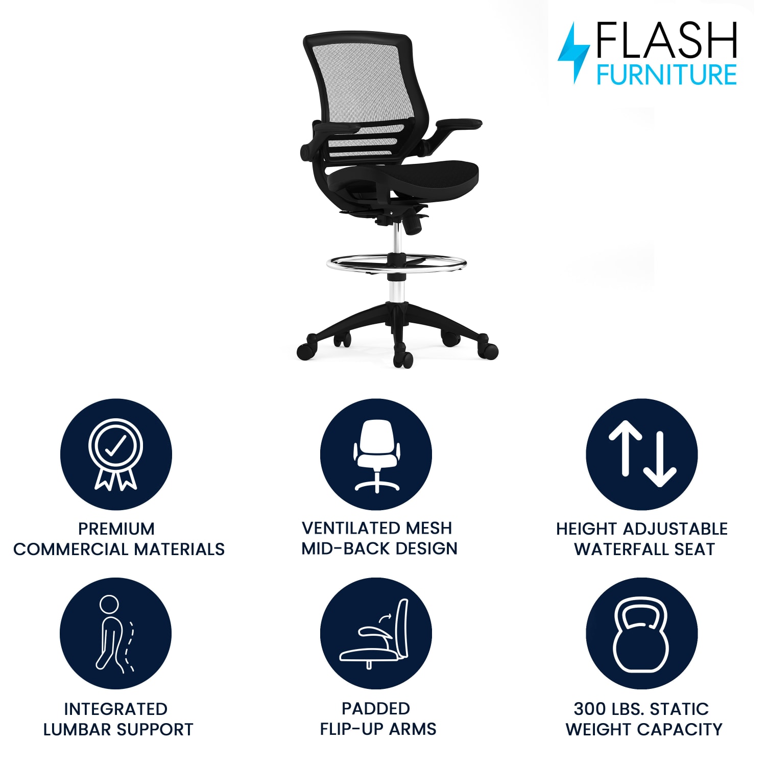 Flash Furniture Mid-Back Transparent Mesh Drafting Chair with Flip-Up Arms, Black - Image 3
