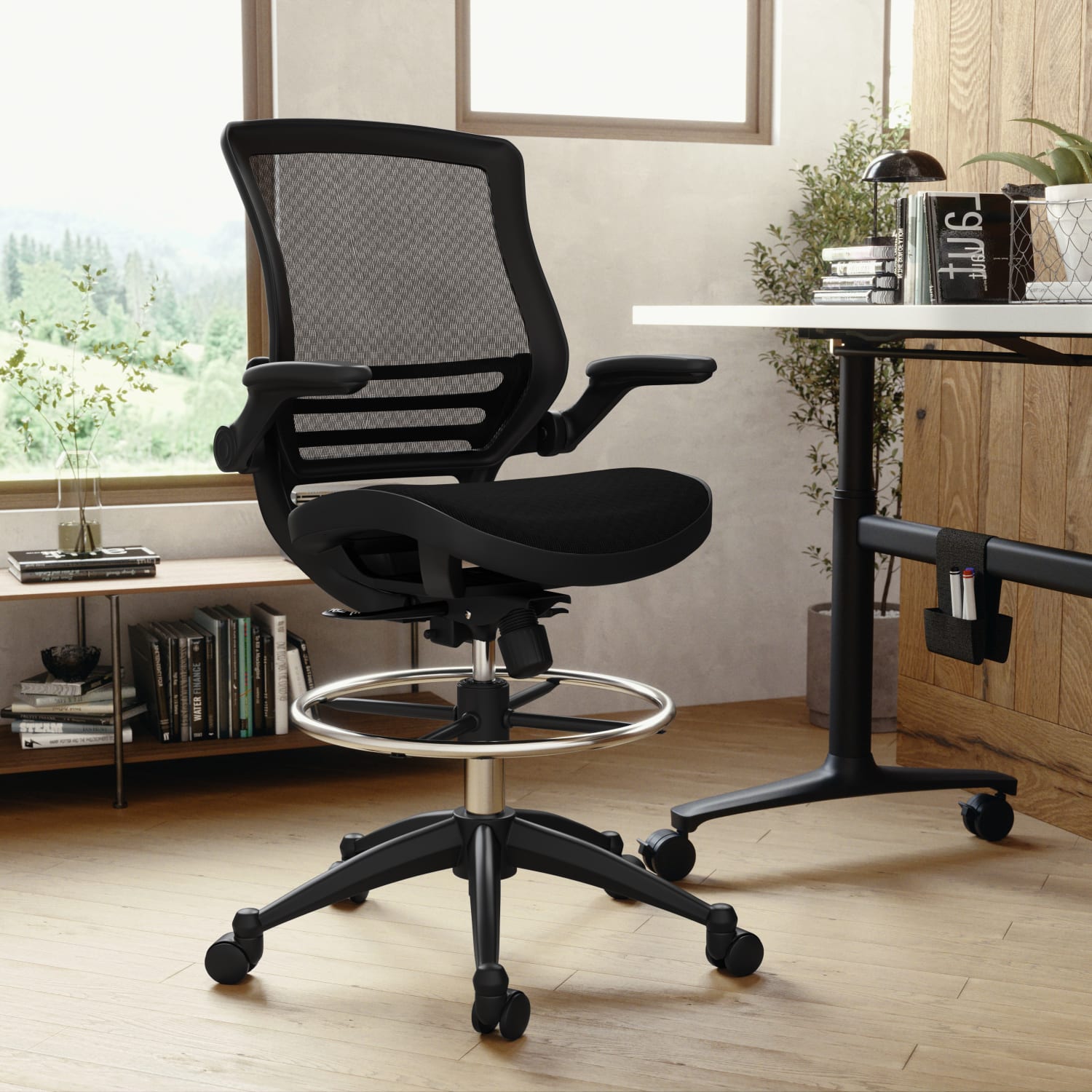 Flash Furniture Mid-Back Transparent Mesh Drafting Chair with Flip-Up Arms, Black - Image 4