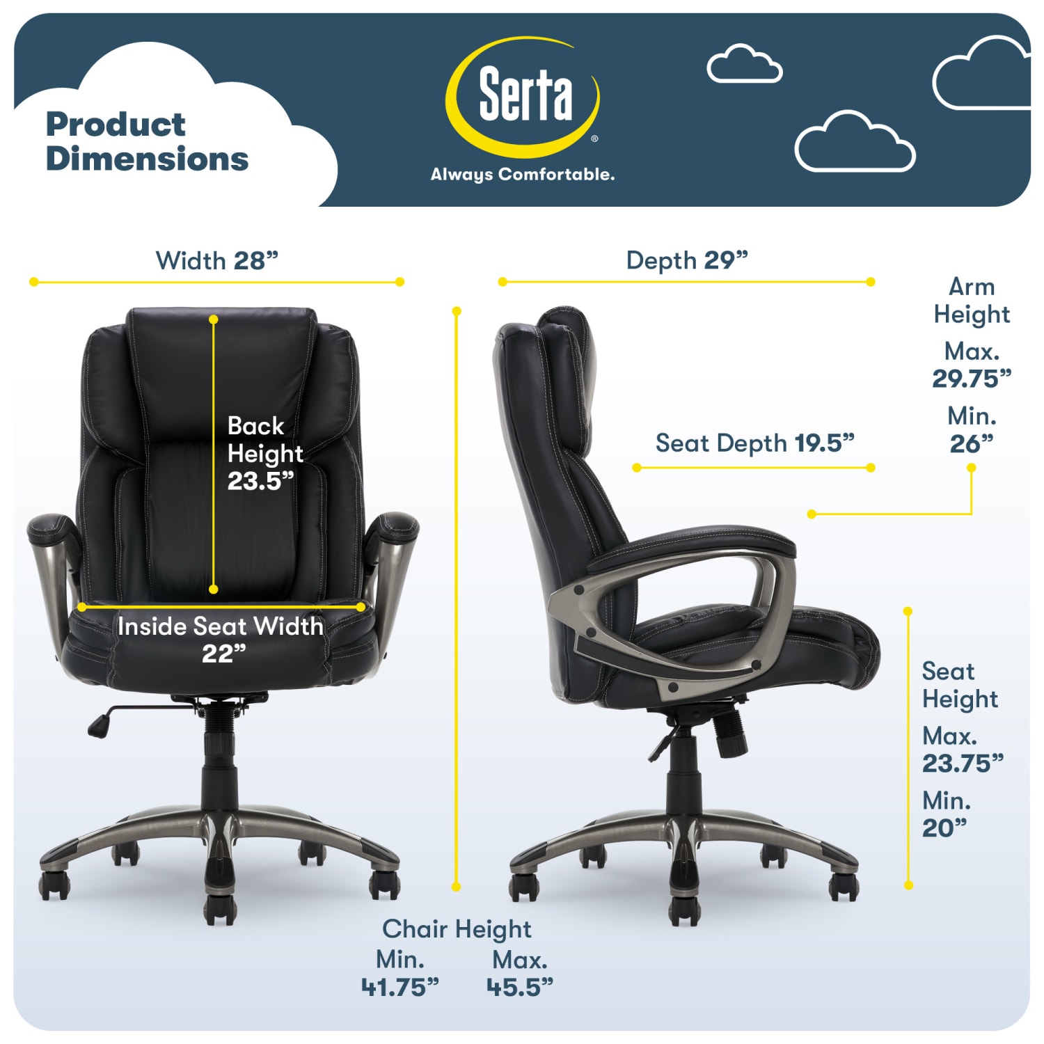 Serta Works Ergonomic Bonded Leather High-Back Office Chair, Midnight Black/Silver - Image 6