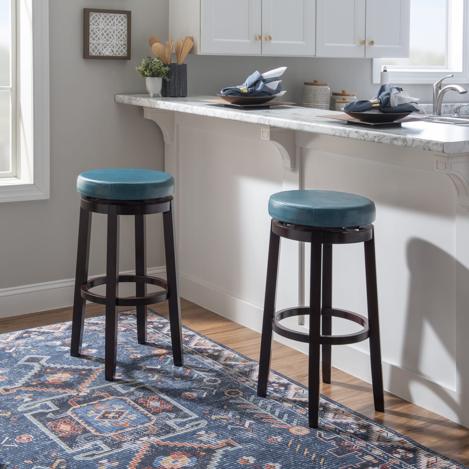Linon Alice Backless Faux Leather Swivel Bar Stool, Teal/Brown - Image 4