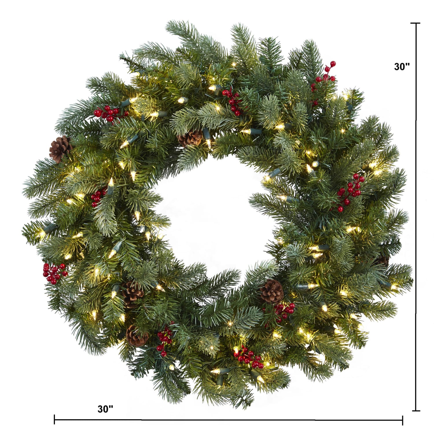 Nearly Natural 30inH Lighted Pine Wreath With Berries And Pine Cones, 30in x 3in, Green - Image 4