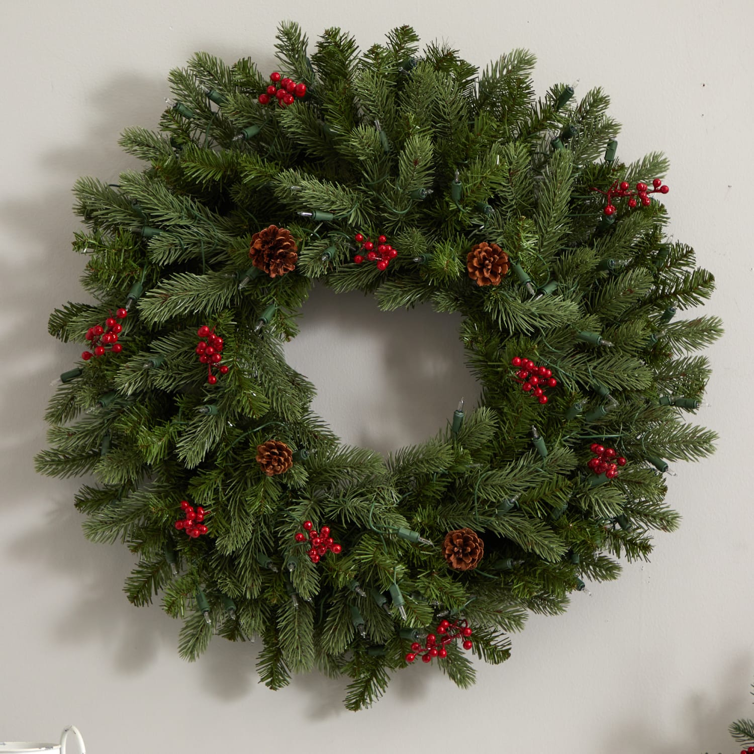 Nearly Natural 30inH Lighted Pine Wreath With Berries And Pine Cones, 30in x 3in, Green - Image 6
