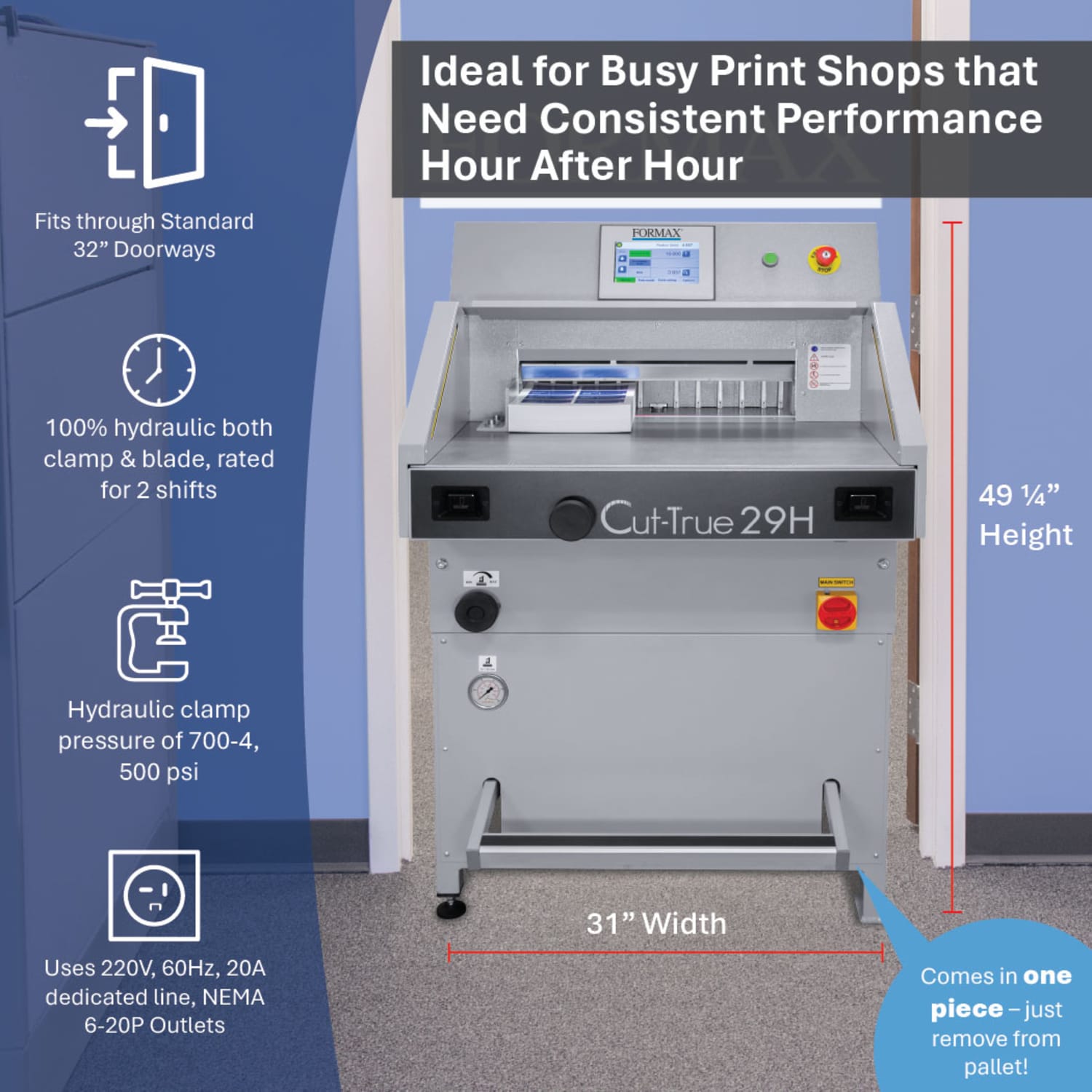 Formax Cut-True 29H Hydraulic Automatic Guillotine Paper Cutter With LED Laser Line, 20-1/2in, Gray - Image 4