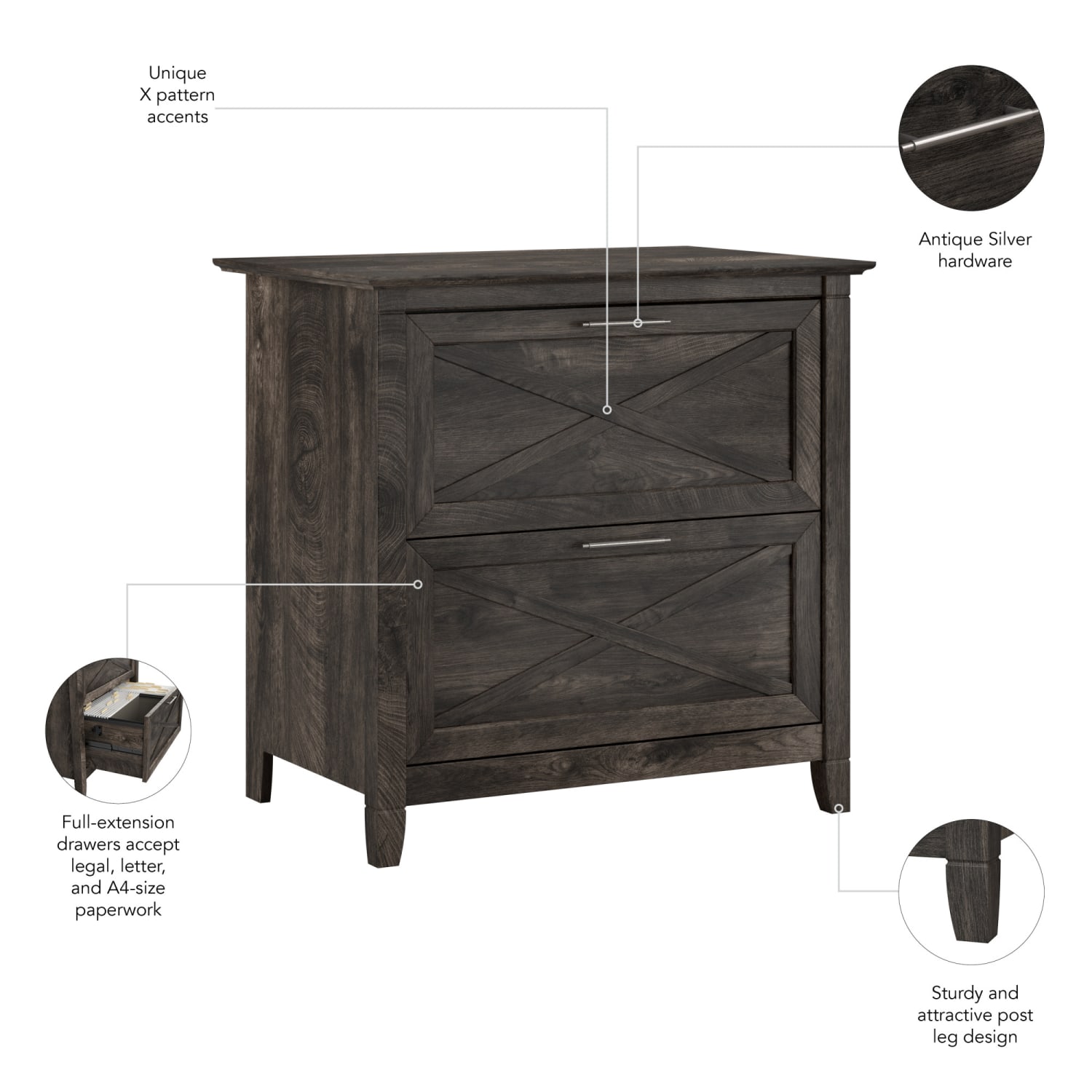 Bush Furniture Key West 30inW x 19-7/8inD Lateral 2-Drawer File Cabinet, Dark Gray Hickory, Standard Delivery - Image 4