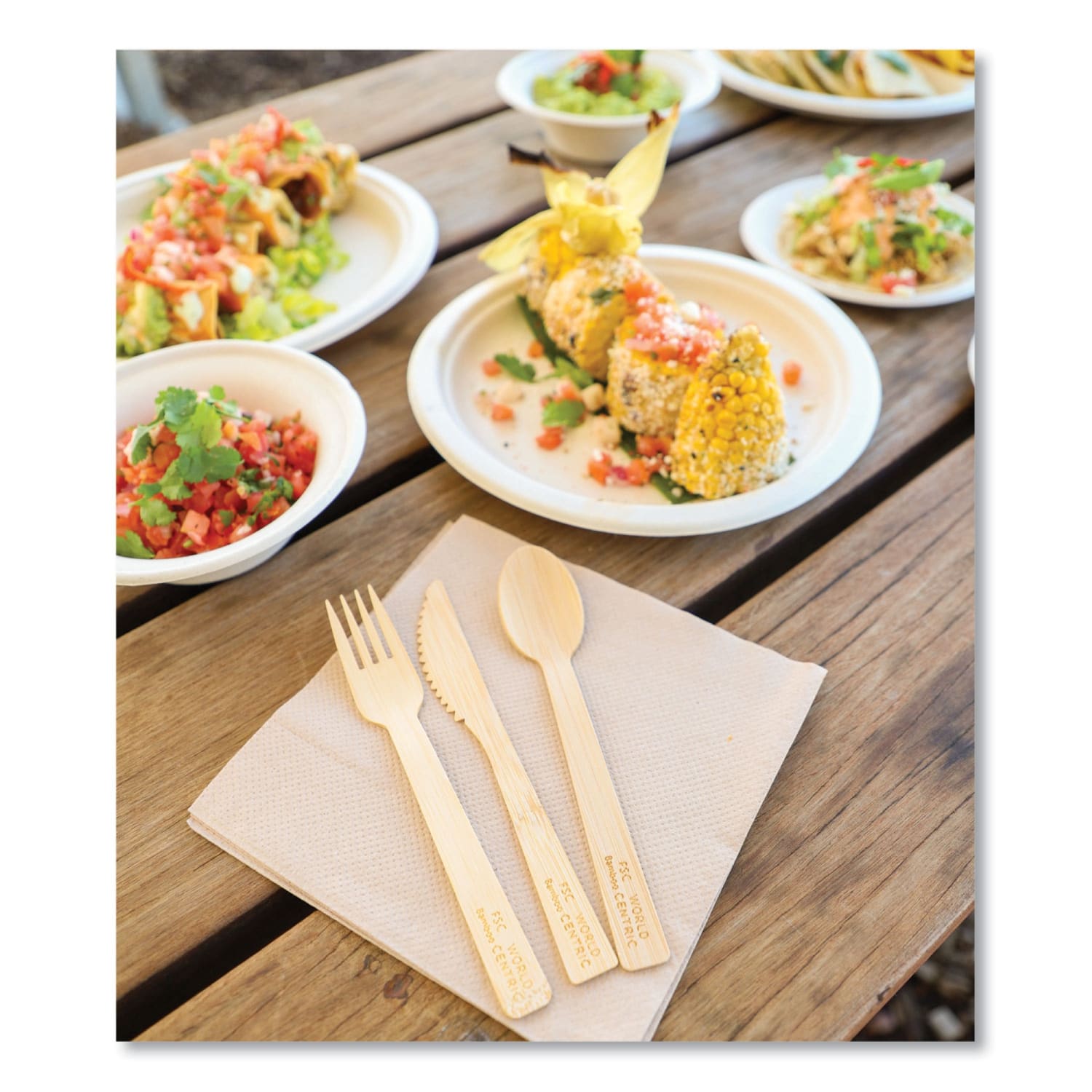 World Centric Bamboo Cutlery, Knife/Fork/Spoon/Napkin, 6-3/4in, Natural, Carton Of 250 Sets - Image 5