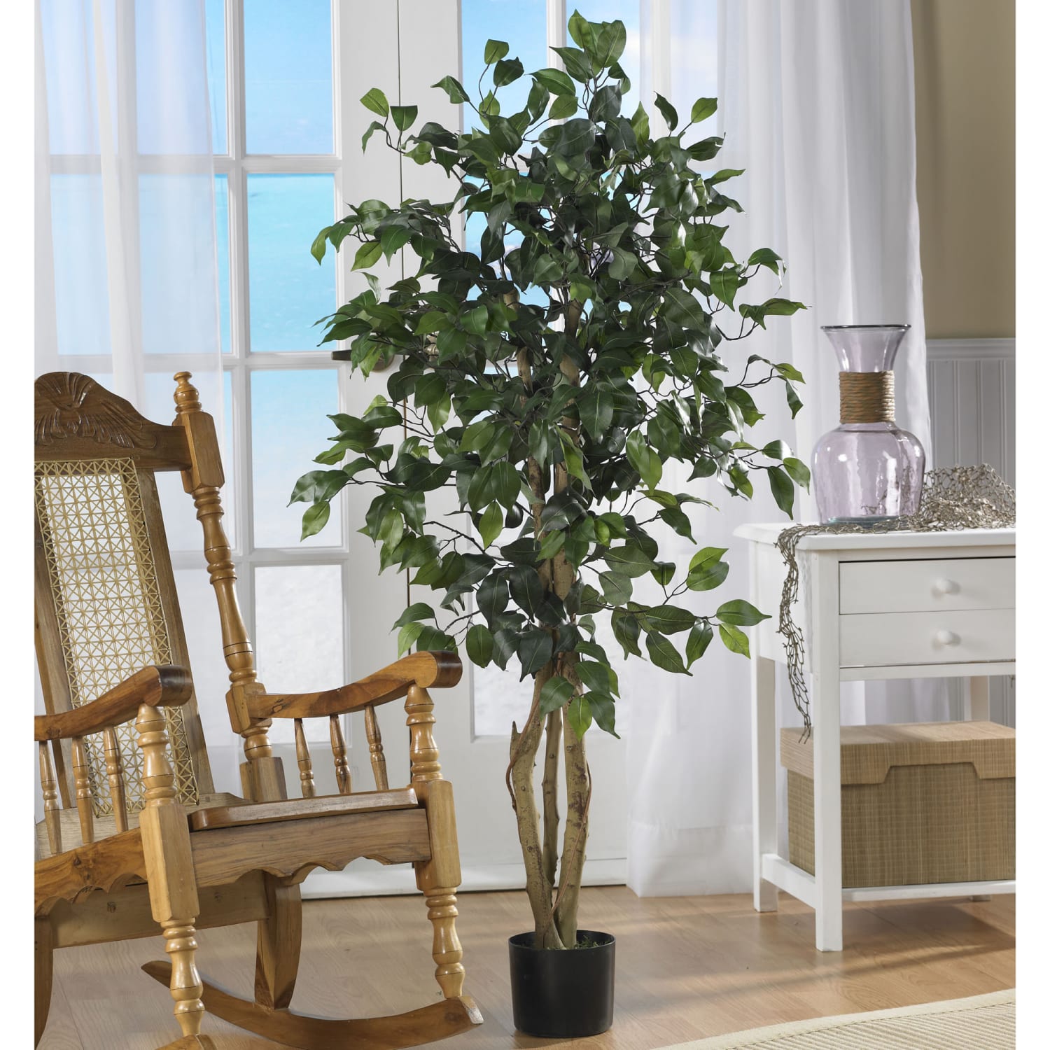 Nearly Natural 4ftH Silk Ficus Tree With Plastic Pot, Green/Black - Image 3