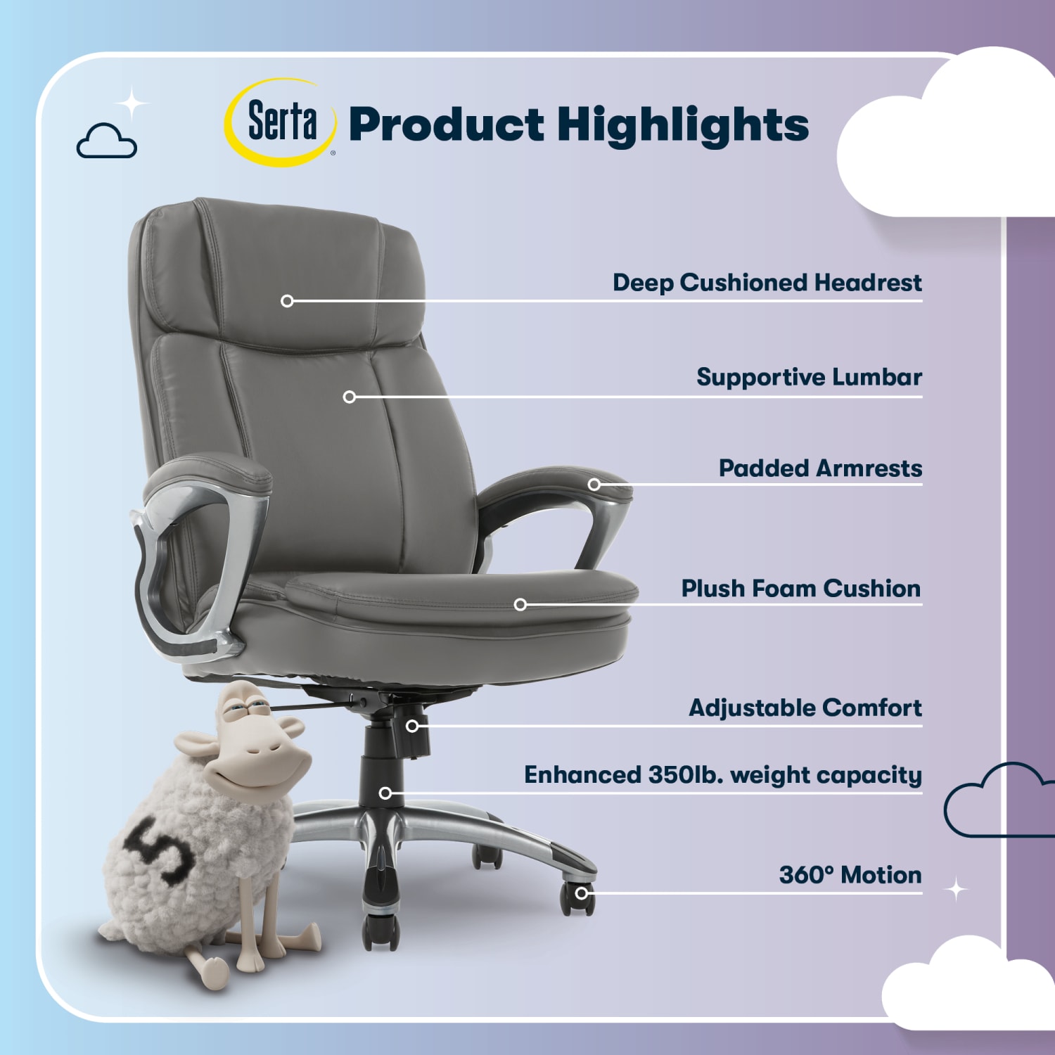 Serta Big And Tall Ergonomic Bonded Leather High-Back Office Chair, Gray/Silver - Image 6