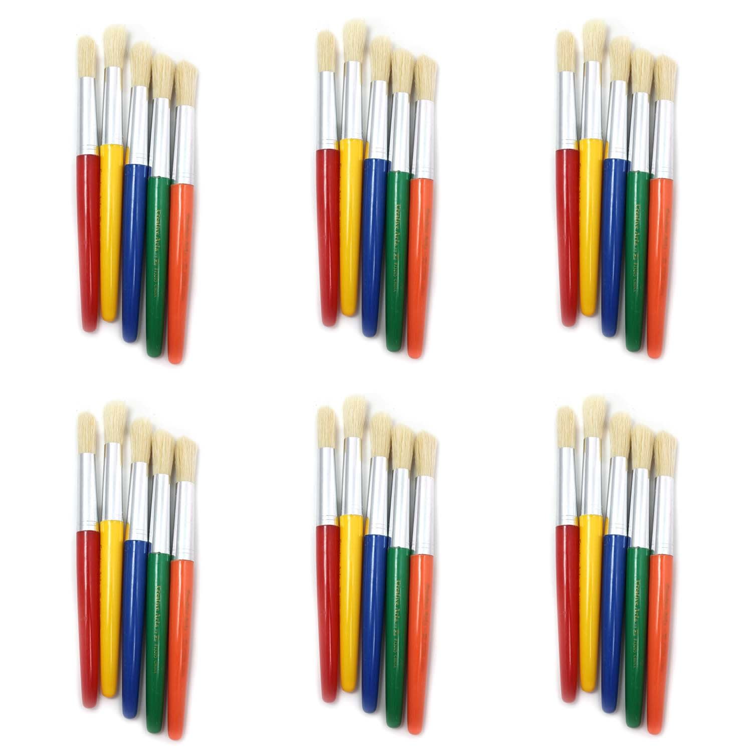 Charles Leonard Round Paint Brushes, Short Handle, Assorted Colors, 5 Per Pack, Set Of 6 Packs