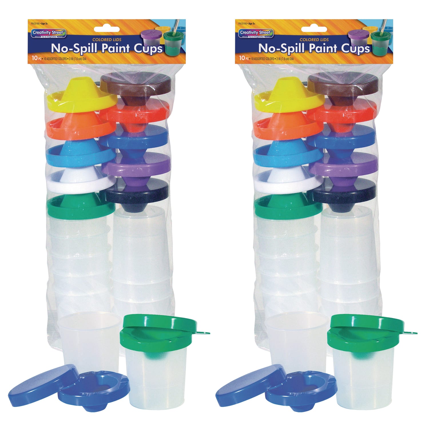Creativity Street No-Spill Round Paint Cups With Colored Lids, 3in, Assorted Colors, 10 Cups Per Pack, Set Of 2 Packs