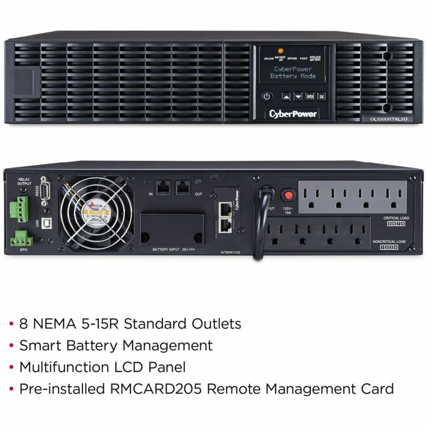CyberPower OL1500RTXL2UN Smart App Online UPS Systems - 1500VA/1350W, 100 - 125 VAC, NEMA 5-15P, 2U, Rack/Tower, 8 Outlets, LCD- OL1500RTXL2UN - Image 3