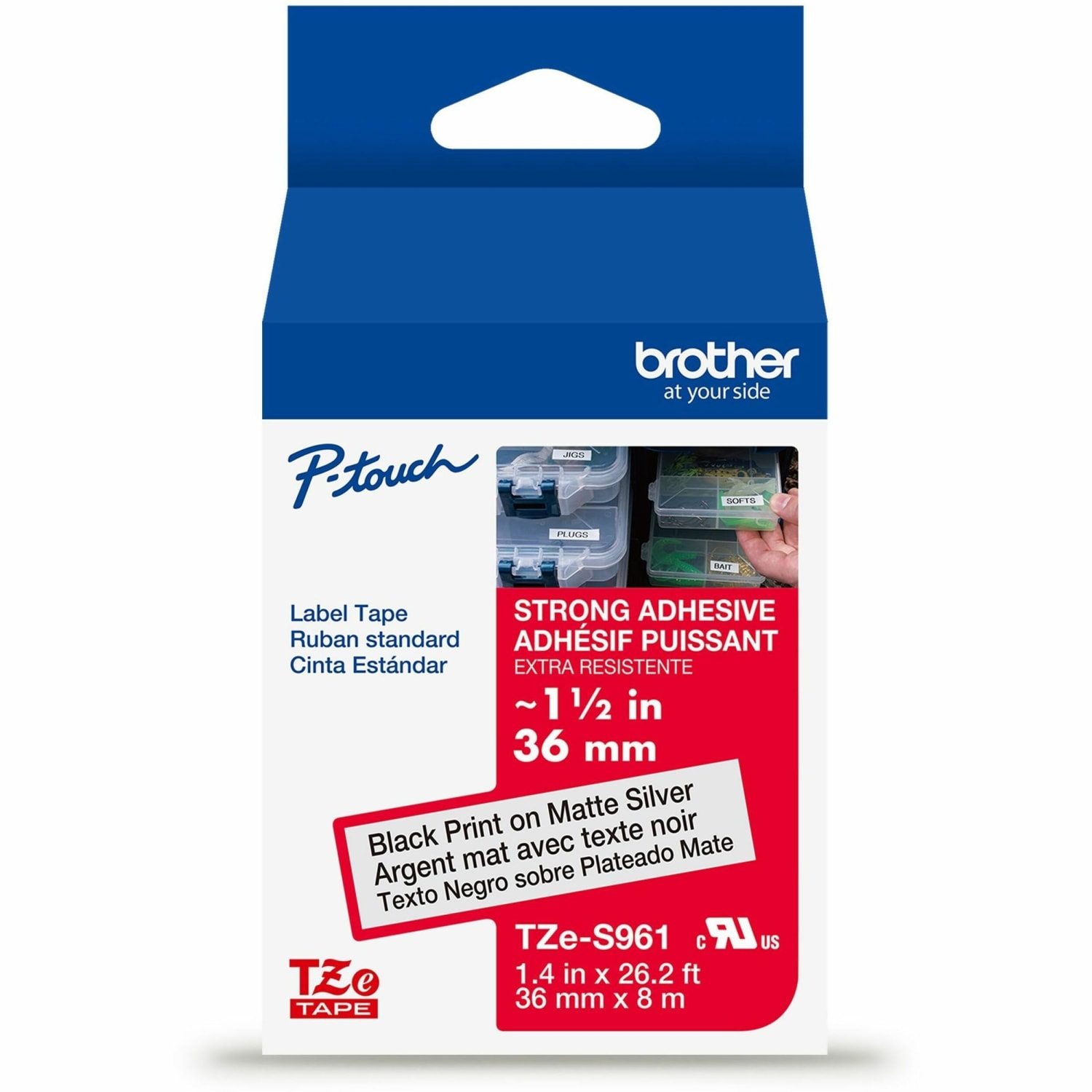 Brother P-Touch TzeS961, Strong Adhesive Laminated, ~1-1/2in x 26.2ft (36mm x 8m), Black on Matte Silver Label Tape - Image 3