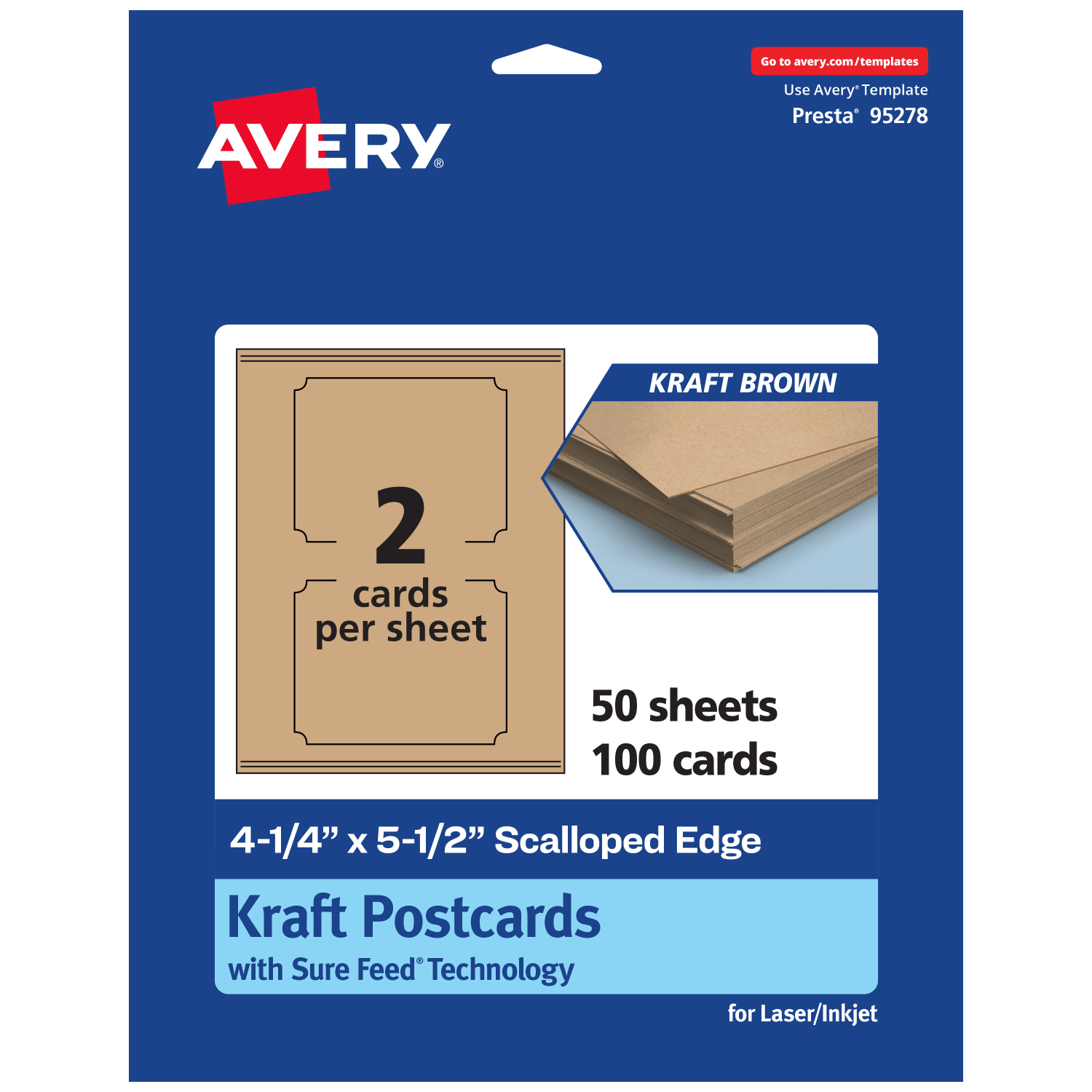 Avery Printable Postcards With Sure Feed Technology, 95278-KMC50, Rectangle Scalloped, 4.25in x 5.5in, Kraft Brown, Pack Of 100