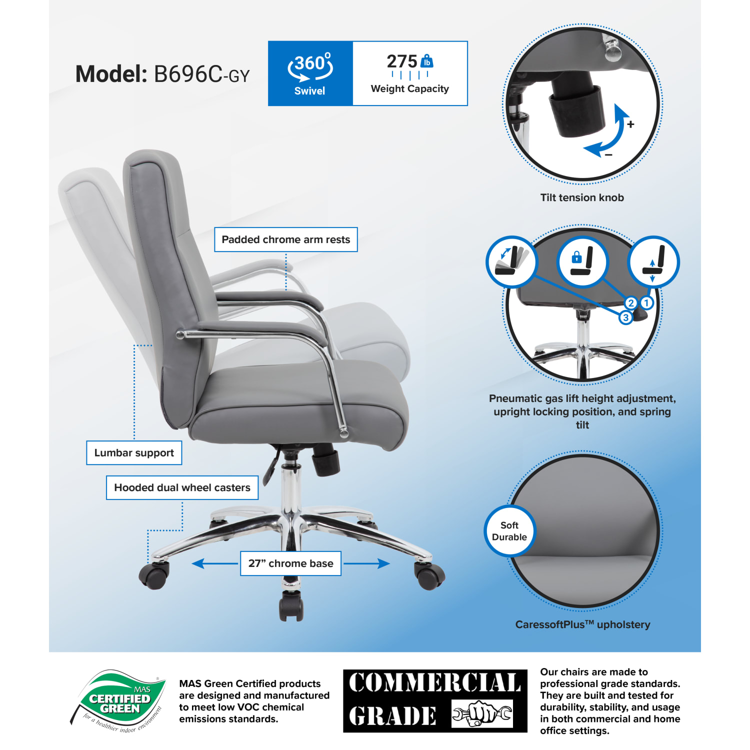 Boss Office Products Modern Executive Conference Ergonomic Chair, Caressoft Vinyl, Gray/Chrome - Image 3