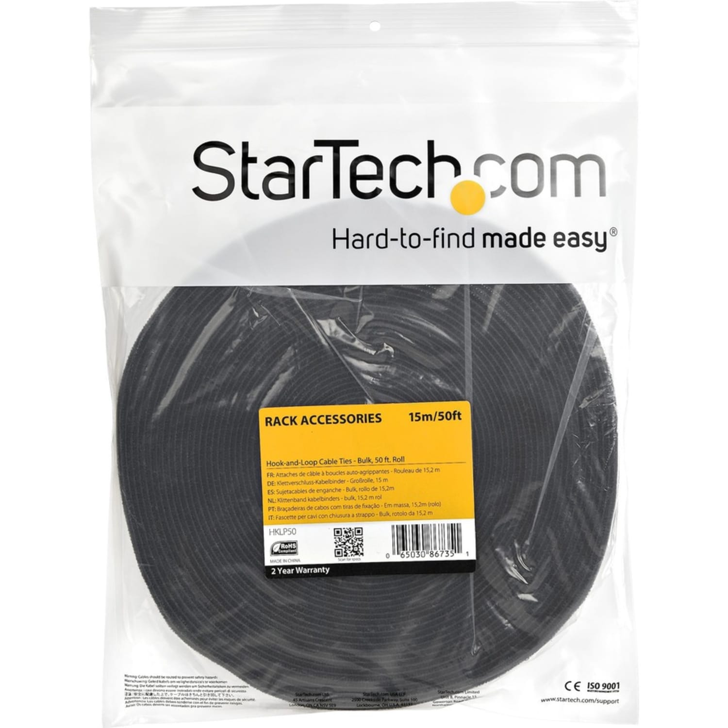 StarTech.com Hook-and-Loop Cable Management Tie - 50 ft. Bulk Roll - Black - Cut-to-Size Cable Wrap / Straps - Image 5