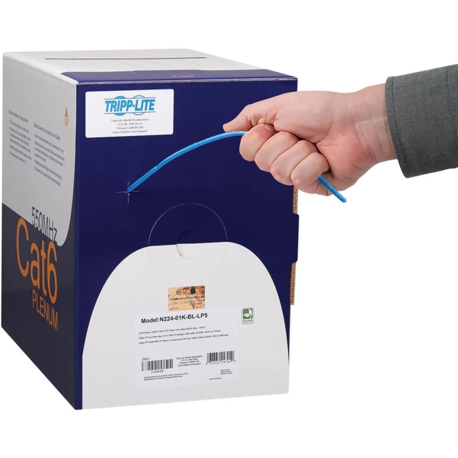 Tripp Lite Cat6 Gigabit Solid Core UTP Bulk Ethernet Cable CMP-LP 0.5A Plenum 100W PoE/PoE++ Blue 1000 ft. (304.8 m) - N22401KBLLP5 - Image 3