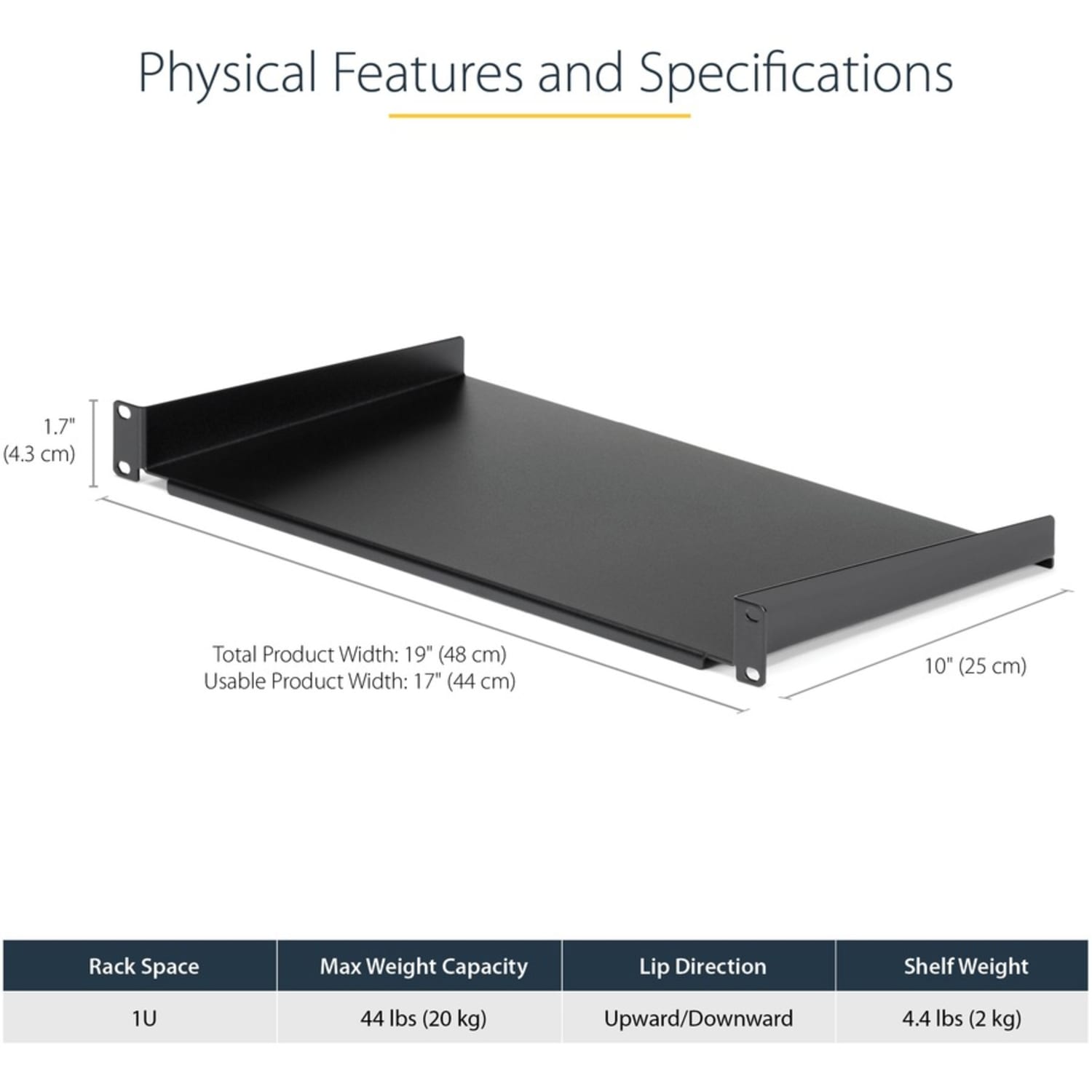 StarTech.com 1U Rack Shelf - 10in Deep - Rack Mount Shelf - Server Rack Shelf - Cantilever Shelf - Network Rack Shelf - 1U Shelf - For Server, A/V Equipment, LAN Switch, Patch Panel - 1U Rack Height - Rack-mountable - Black - Steel - Image 4