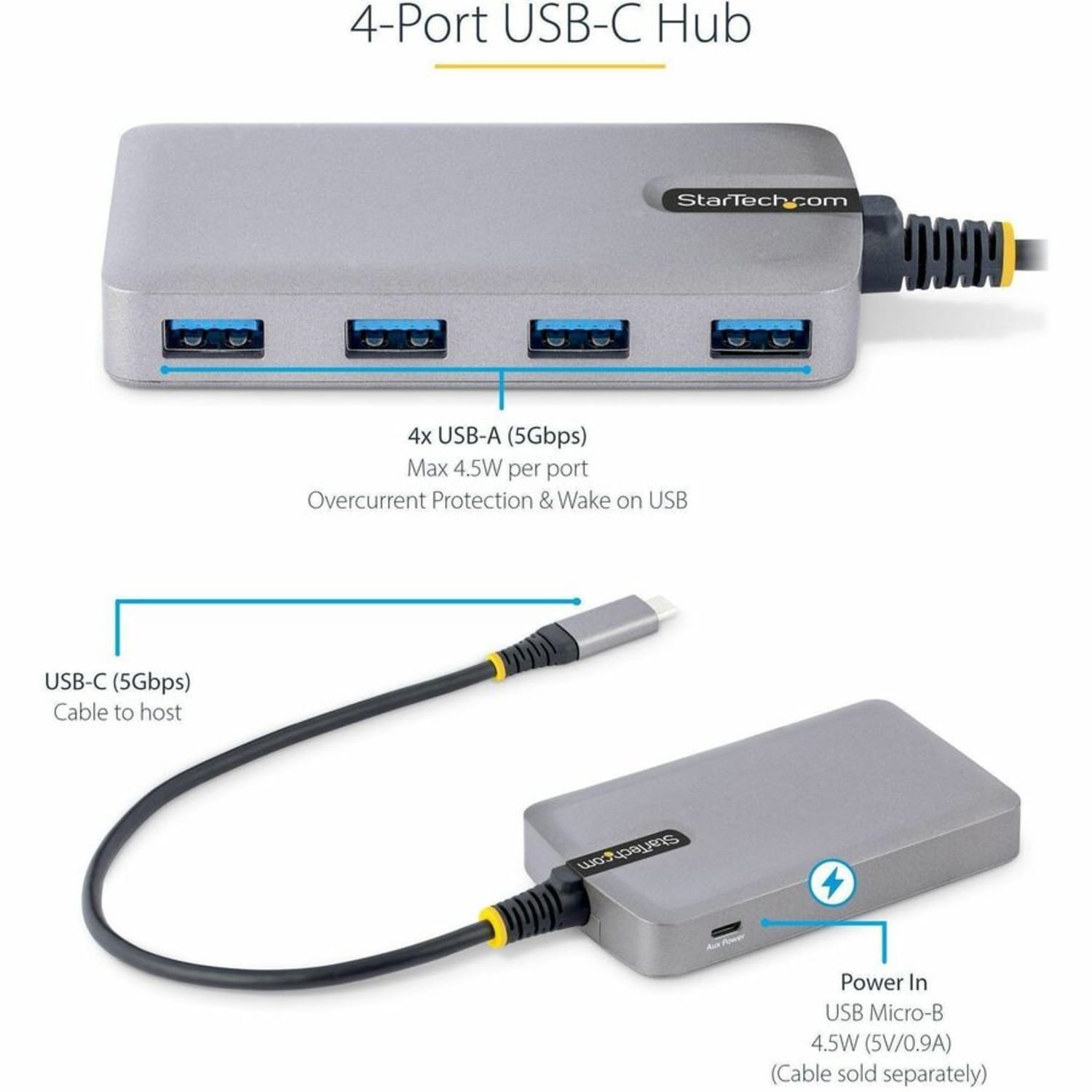 StarTech.com 4-Port USB-C Hub, 5Gbps, Bus Powered, 4x USB-A Ports, Optional Auxiliary Power, Portable USB Typ - 5G4ABUSBCHUB - Image 3
