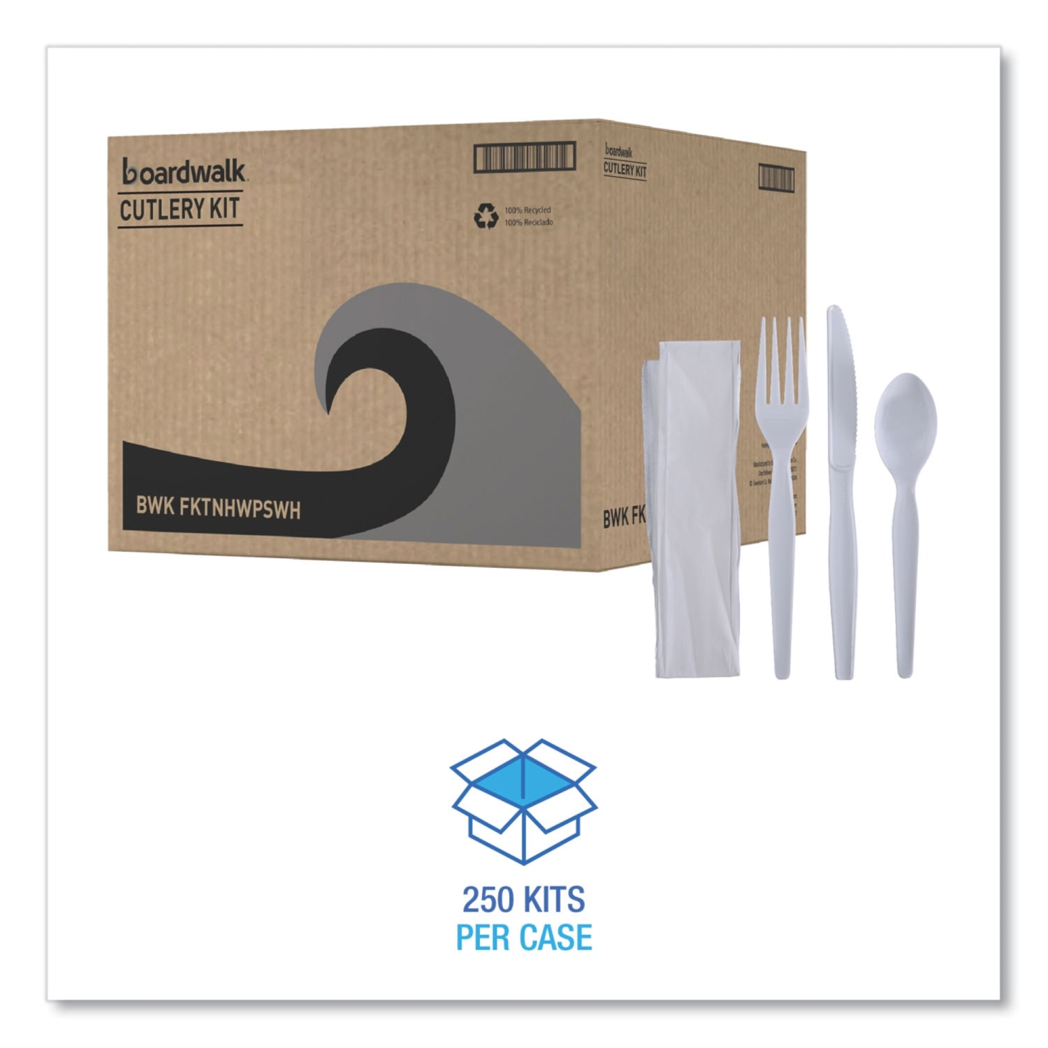Boardwalk 4-Piece Cutlery Kits, Fork/Knife/Napkin/Teaspoon, 7-1/2inL, White, Carton Of 250 Kits - Image 3