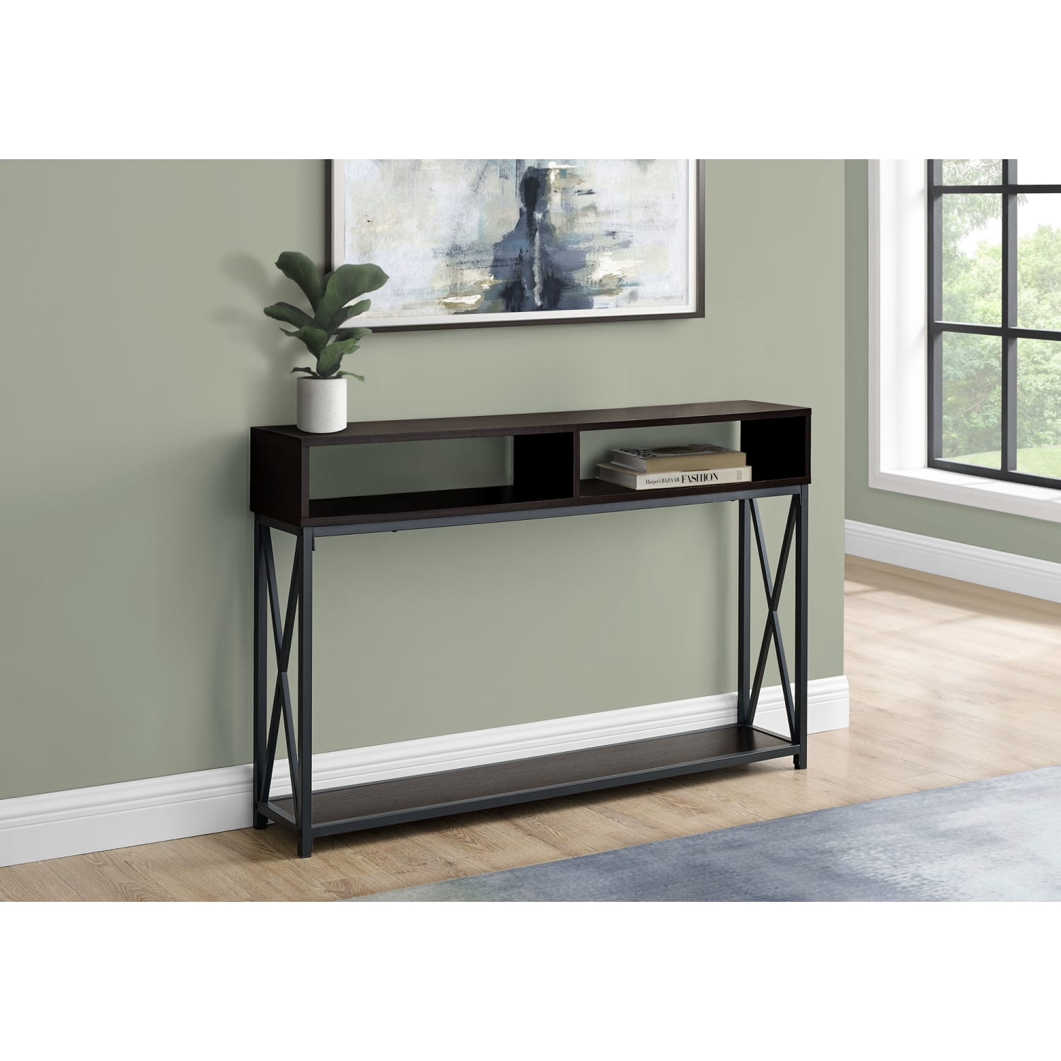 Monarch Specialties Paola Console Accent Table, 30-1/2inH x 47-1/4inW x 9inD, Espresso/Black - Image 3