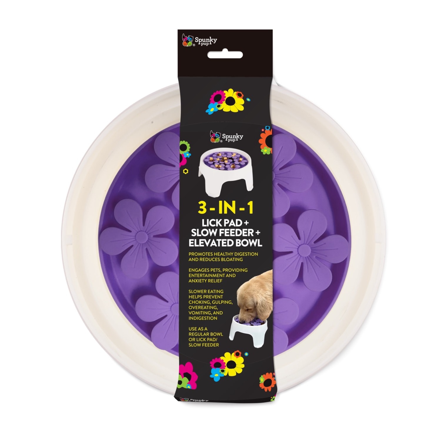 Spunky Pup Elevated Round Feeding Bowl With DUO Lick Pad, Purple - Image 3