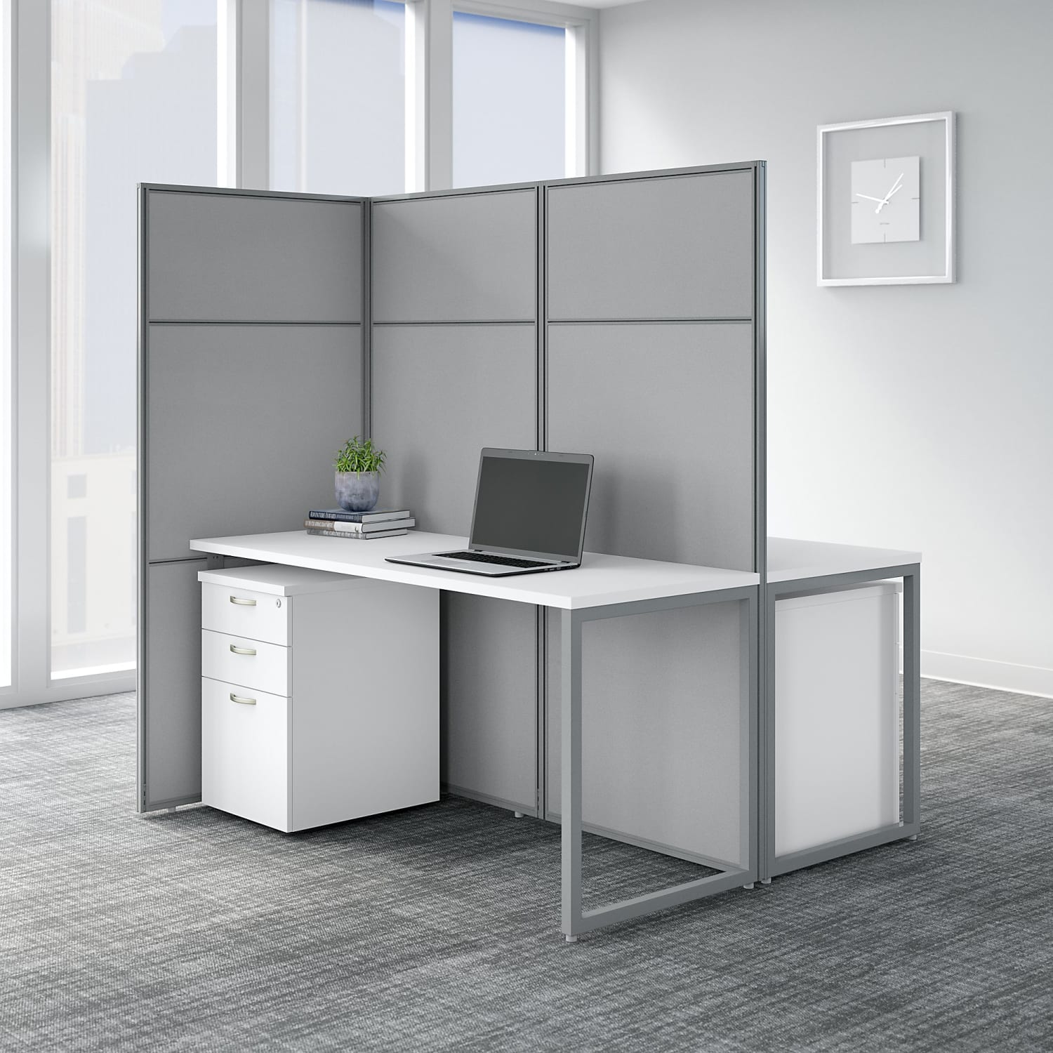 Bush Business Furniture Easy Office 60inW 2-Person Cubicle Desk With File Cabinets And 66inPanels, Pure White/Silver Gray, Standard Delivery - Image 3