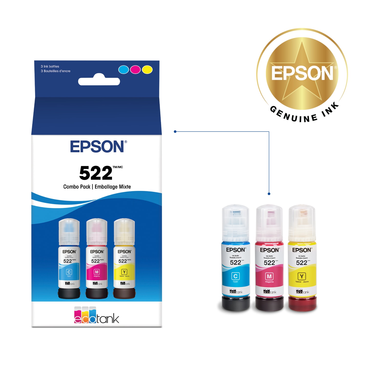 Epson 522 EcoFit Cyan; Magenta; Yellow High-Yield Ink Bottles, Pack Of 3, T522520-S - Image 3