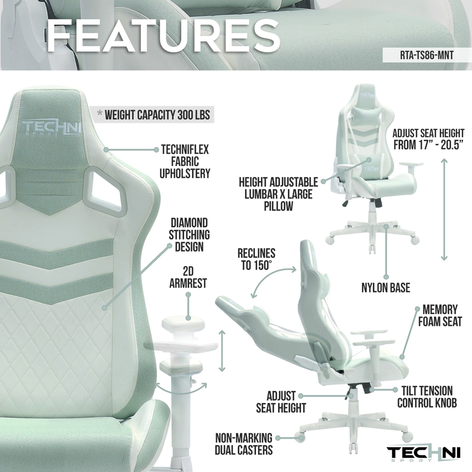 Techni Sport Pastel Series Ergonomic Faux Leather Computer Gaming Chair, Mint Green - Image 4