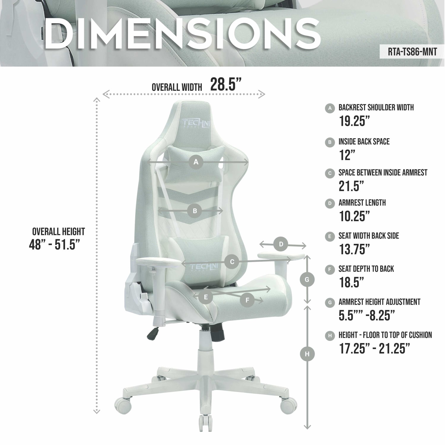 Techni Sport Pastel Series Ergonomic Faux Leather Computer Gaming Chair, Mint Green - Image 5