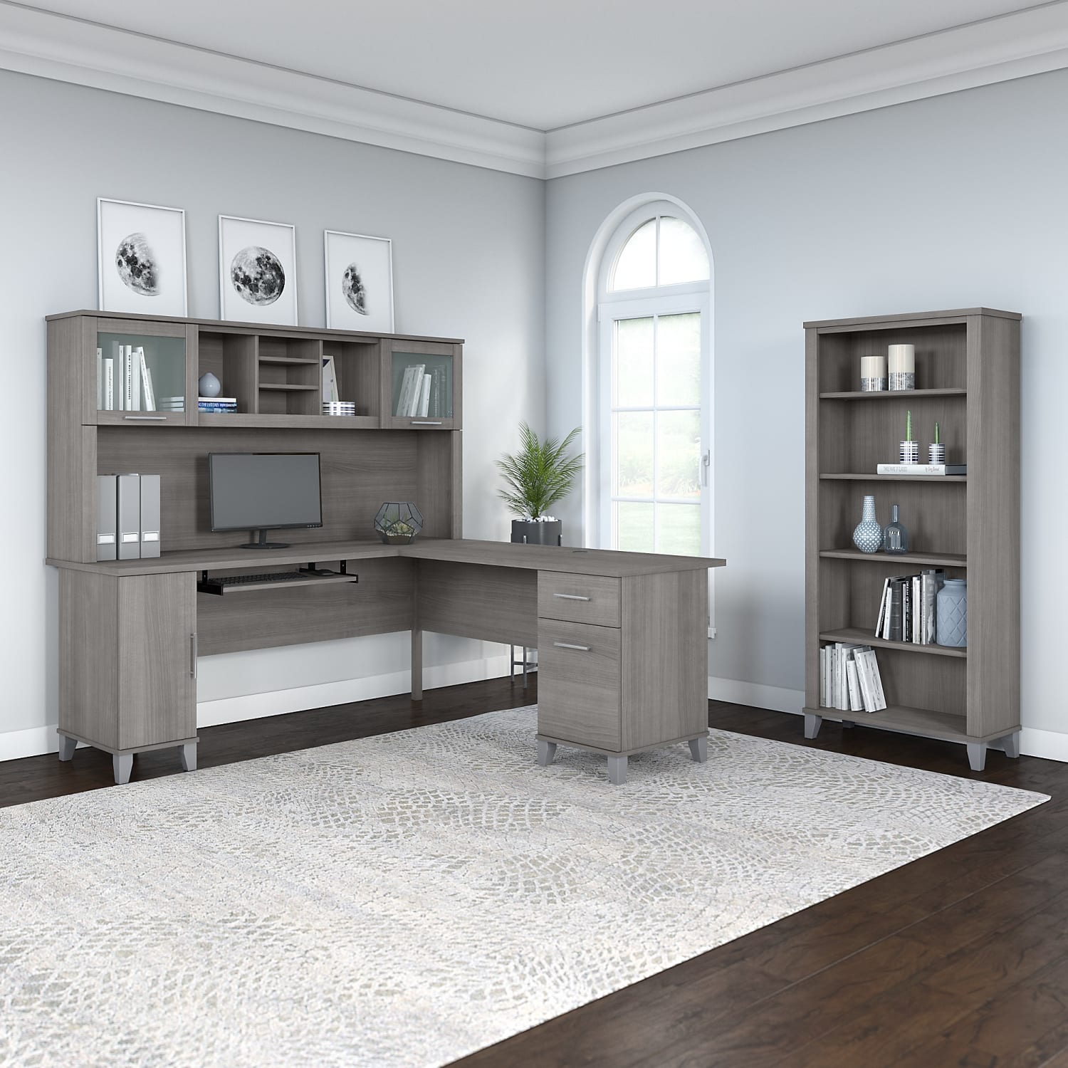 Bush Furniture 72inW L-Shaped Desk With Hutch And 5-Shelf Bookcase, Platinum Gray, Standard Delivery - Image 3
