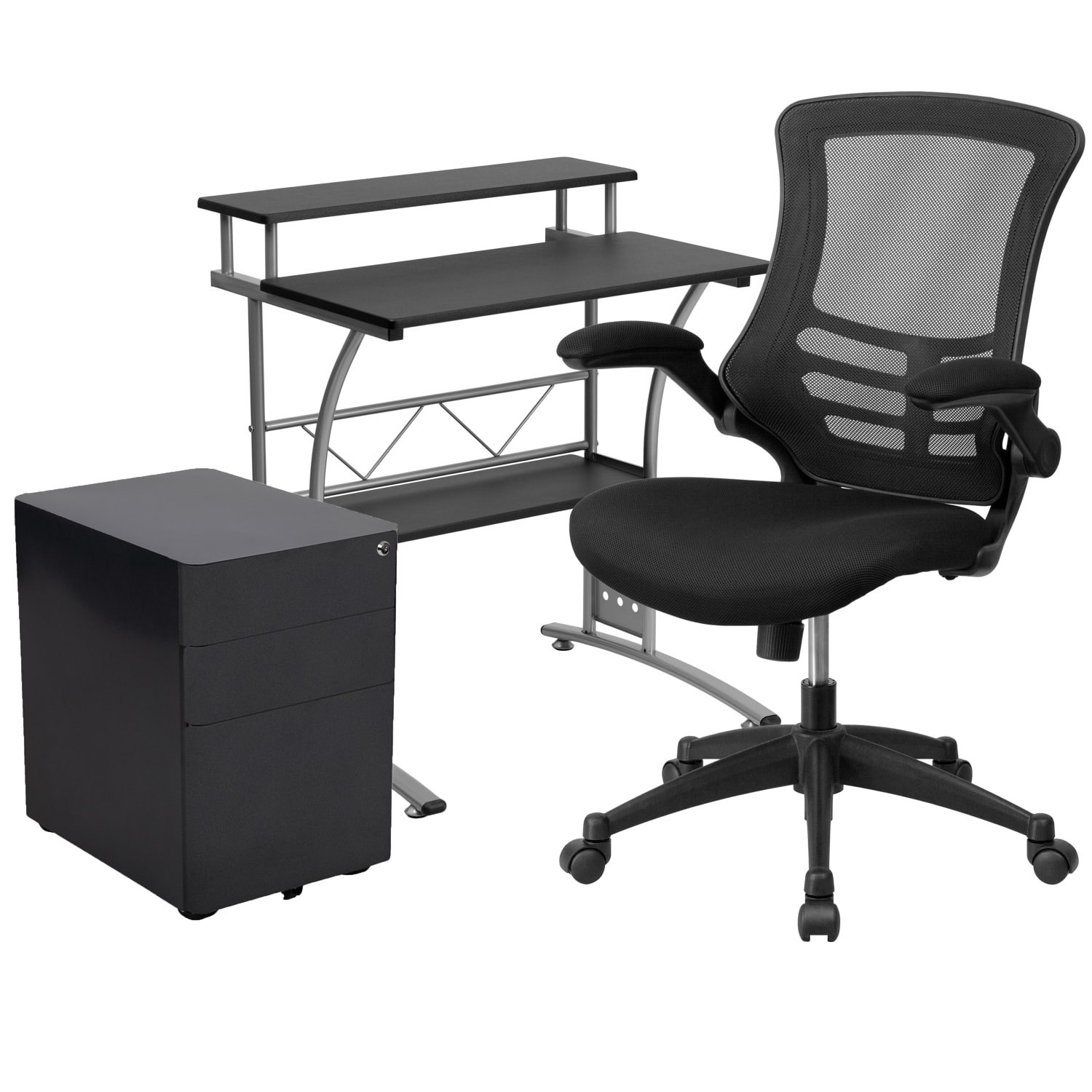 Flash Furniture Work From Home Desk And Chair Set With Computer Desk, Ergonomic Mesh Office Chair And Locking Mobile Filing Cabinet, Black - Image 3