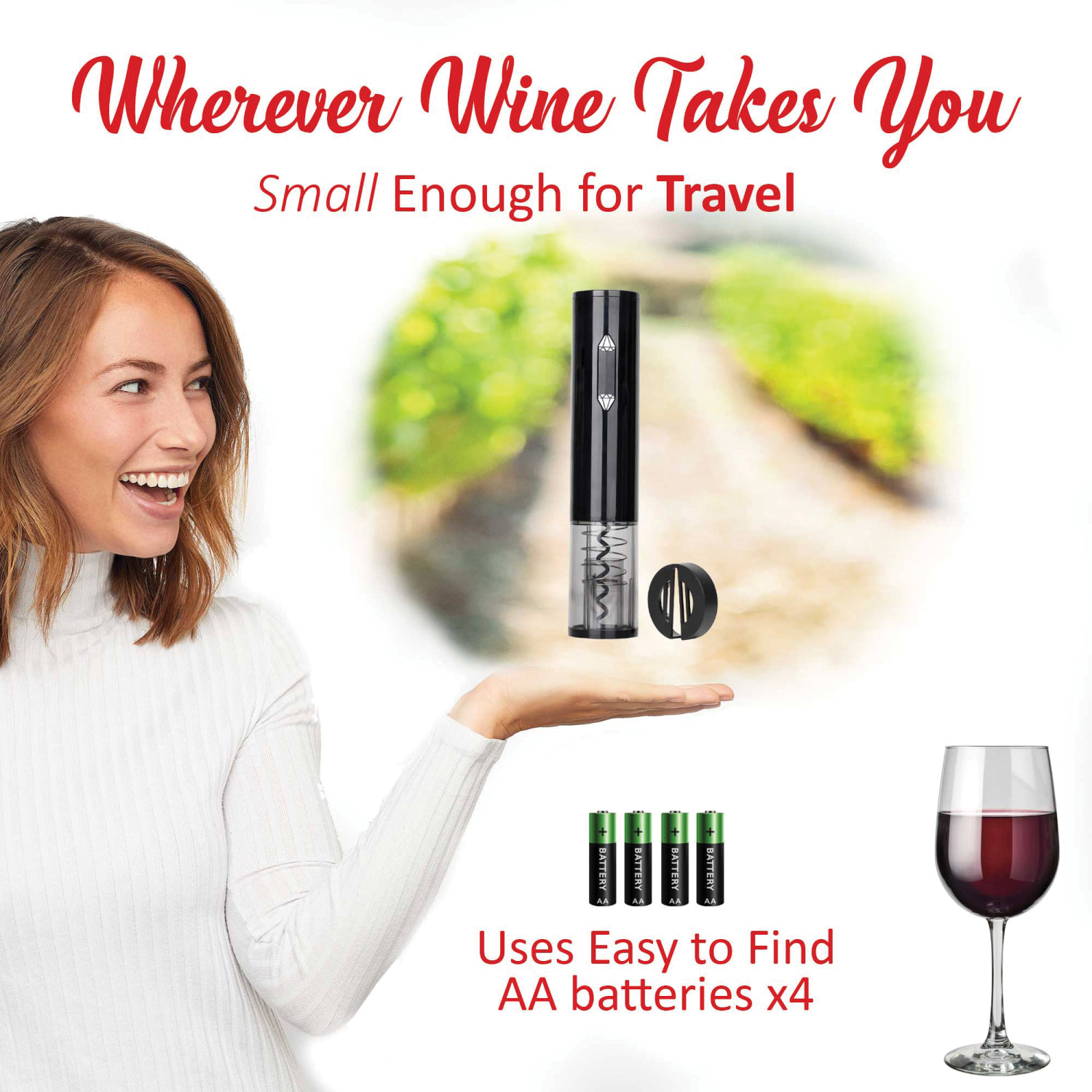 Brentwood Portable Wine Bottle Opener with Foil Cutter, 9-1/8inH x 1-13/16inW x 1-13/16inD, Black - Image 3