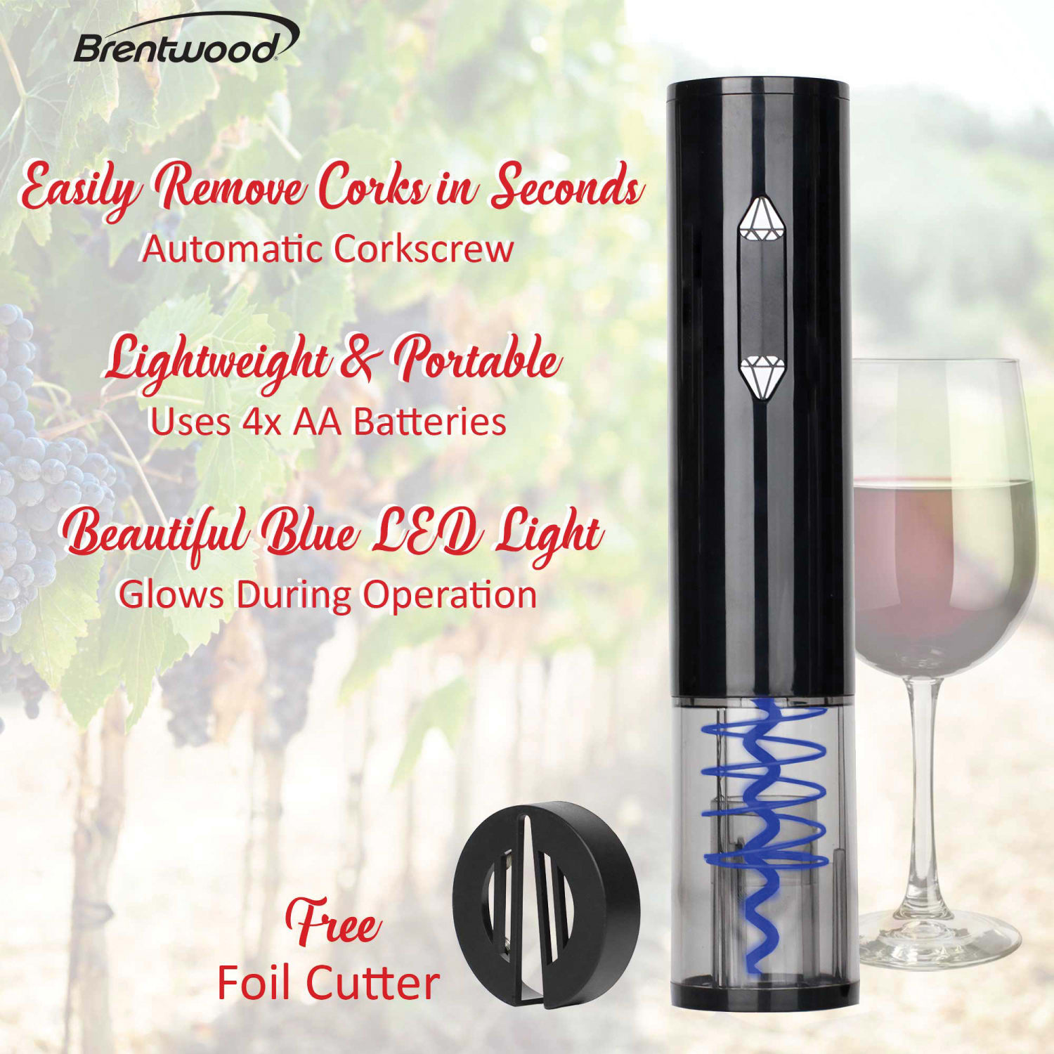 Brentwood Portable Wine Bottle Opener with Foil Cutter, 9-1/8inH x 1-13/16inW x 1-13/16inD, Black - Image 5