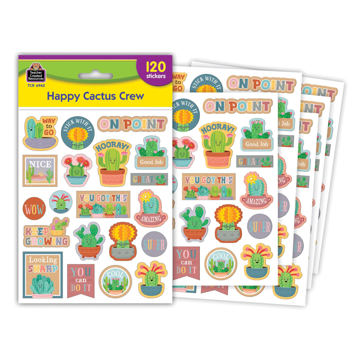 Teacher Created Resources Stickers, Happy Cactus Crew, 120 Per Pack, Set Of 12 Packs - Image 3
