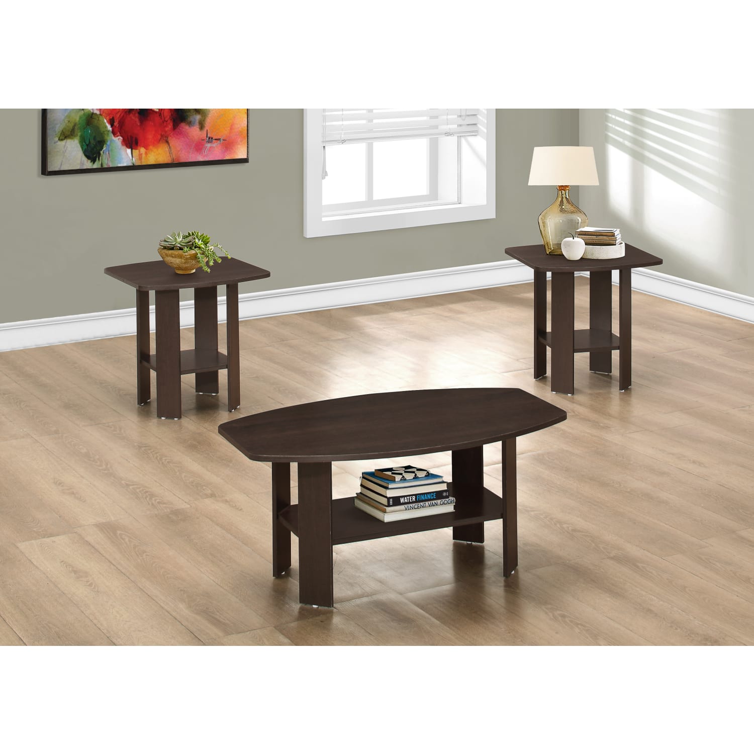 Monarch Specialties 3-Piece Table Set, Rectangle, Cappuccino - Image 3