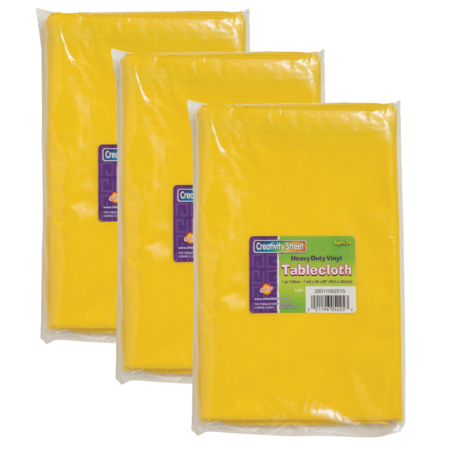 Creativity Street Vinyl Rectangle Tablecloths, 38in x 80in, Yellow, Pack Of 3 Tablecloths