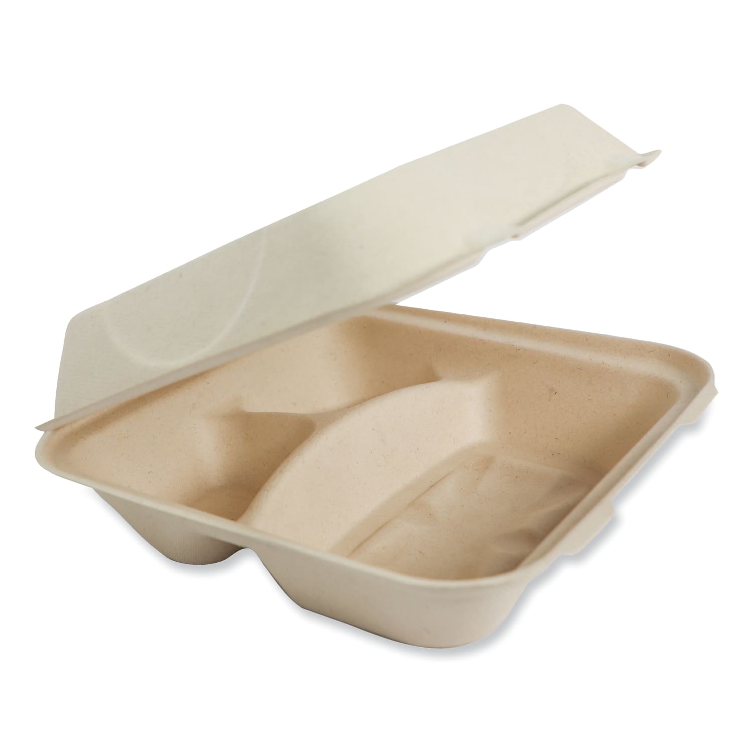 World Centric Fiber Hinged Containers, 3-5/16inH x 9-5/16inW x 9inD, Natural, Pack Of 300 Containers