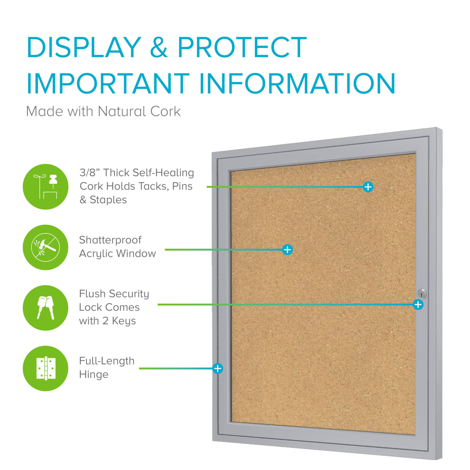 Ghent 1 Door Enclosed Natural Cork Bulletin Board, Satin Aluminum Frame, 36inH x 30inW - Image 3