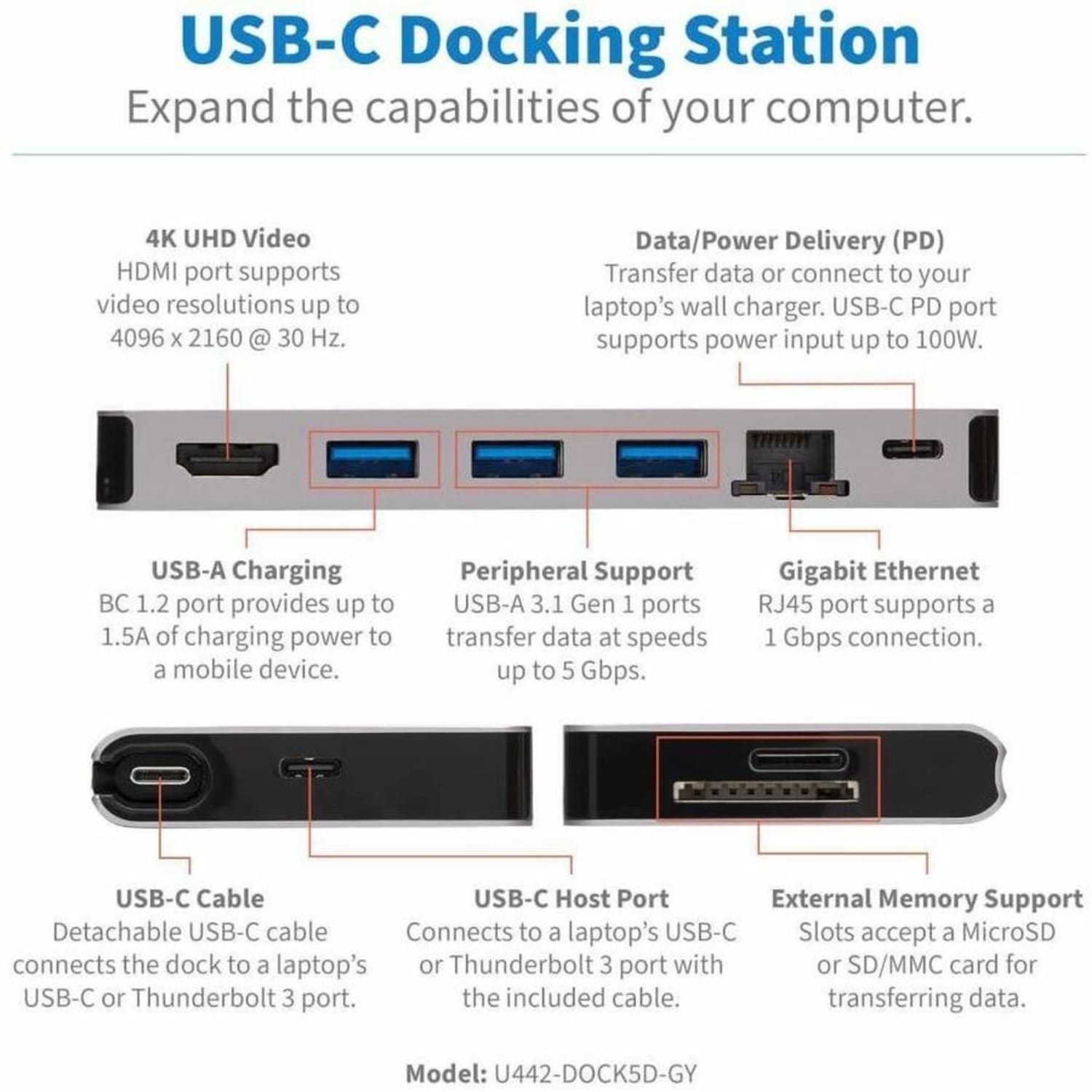 Eaton Tripp Lite Series USB C Docking Station USB Hub 4k w/ HDMI, Gbe Gigabit Ethernet, SD Card Reader, PD Charging - U442DOCK5DGY - Image 3