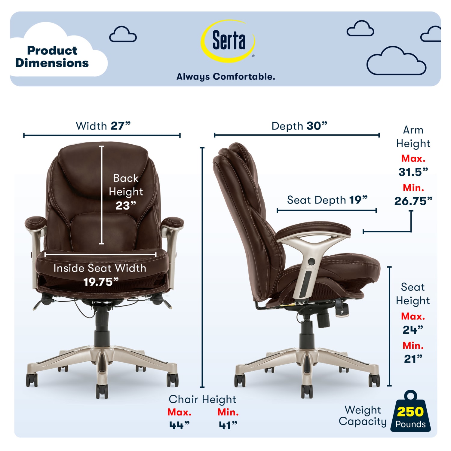 Serta Claremont Ergonomic Bonded Leather Mid-Back Office Chair, Old Chestnut/Silver - Image 4